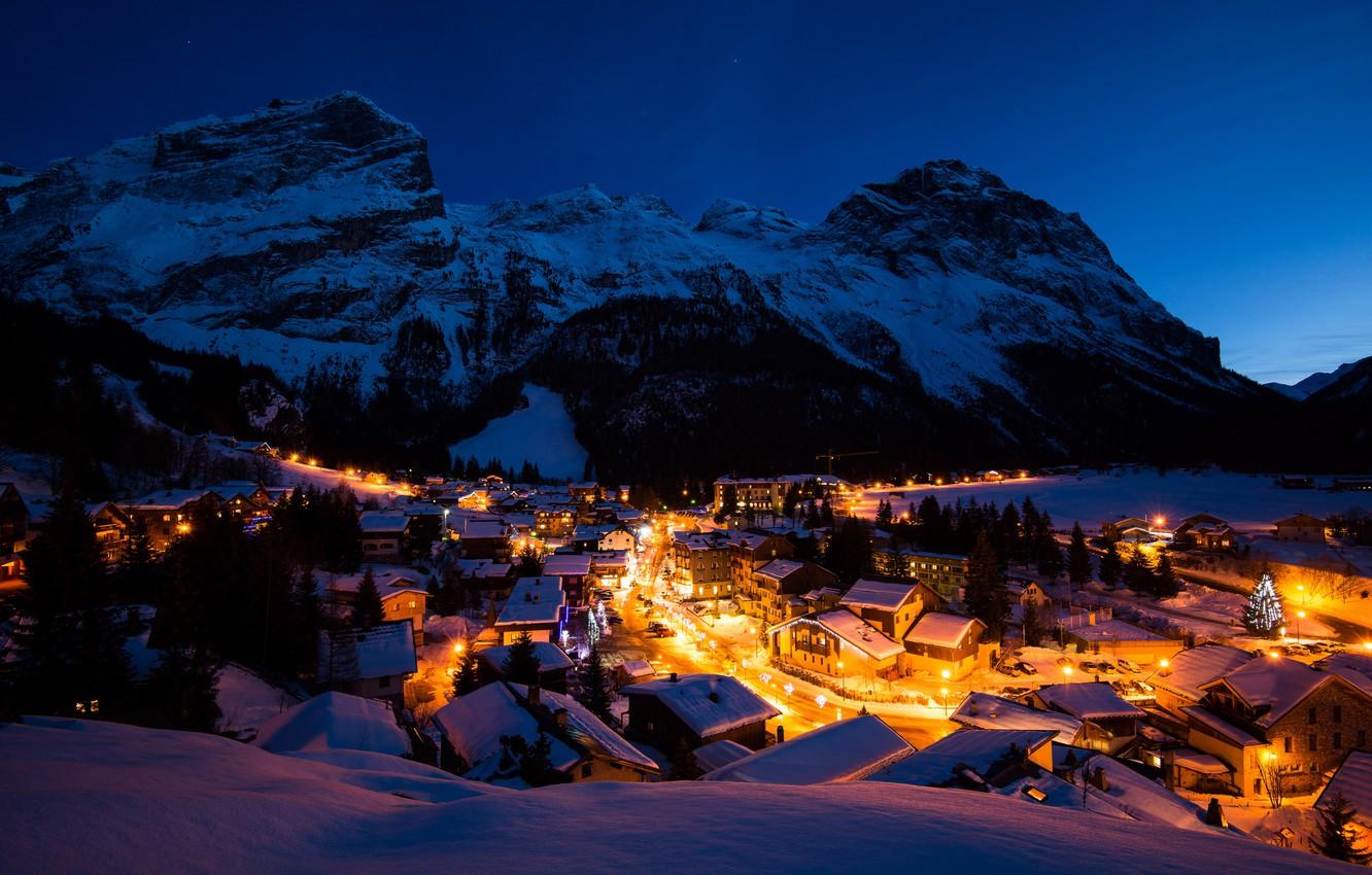1332x850 Wallpaper winter, light, snow, mountains, night, lights, France, building, home, village, Alps, France, Vanoise, Vanoise image for desktop, section город