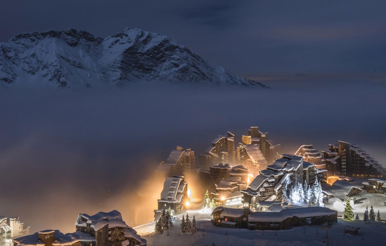 1332x850 Wallpaper Winter, Snow, Mountains, Night, Lights, France, The Hotel, Resort, Skiing, Haute Savoie, The Portes Du Soleil, Avoriaz Image For Desktop, Section пейзажи