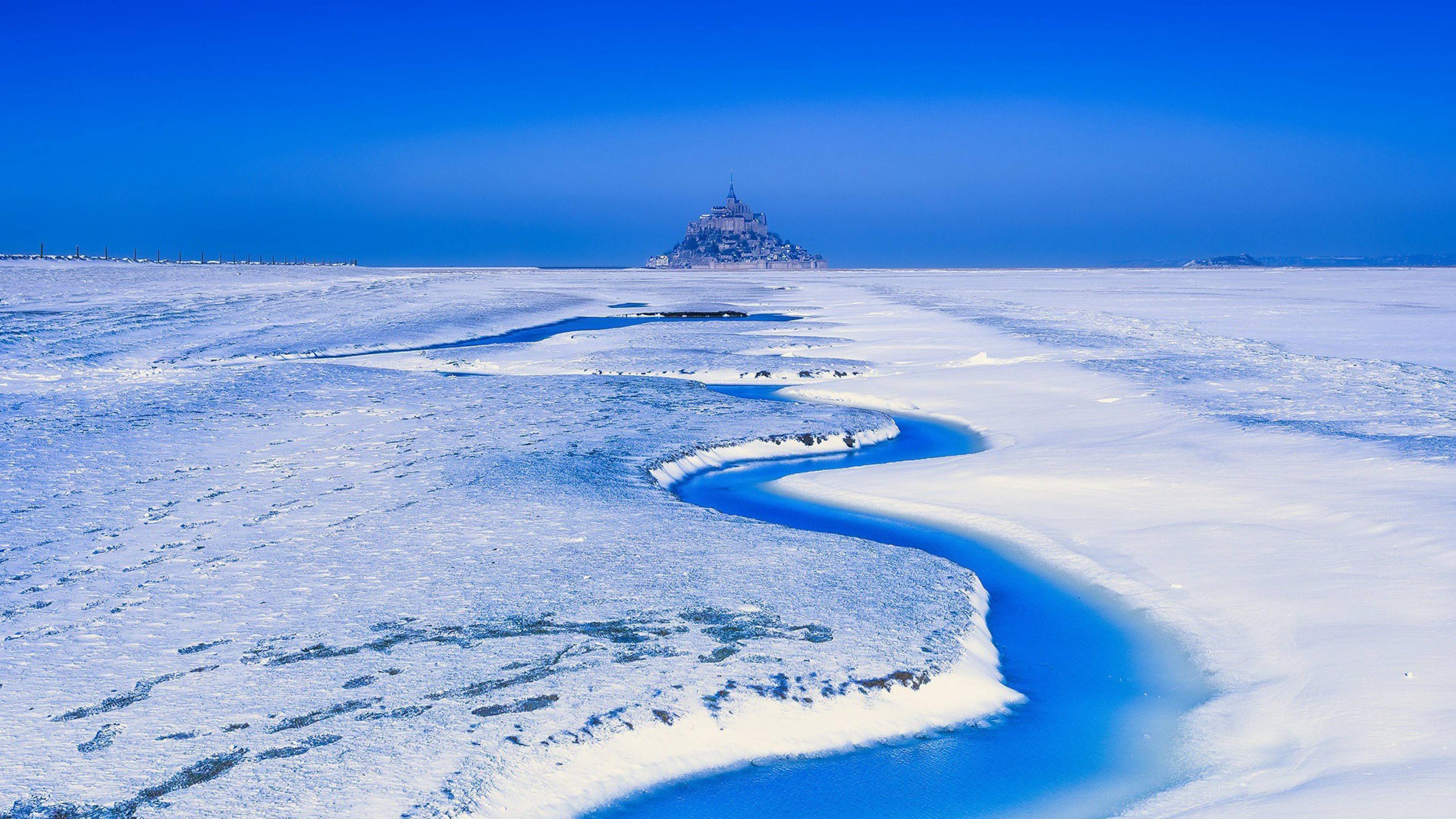 3456x1944 France Landscape Mont Saint Michel Snow 4K Wallpaper, HD City 4K Wallpaper, Image, Photo And Background
