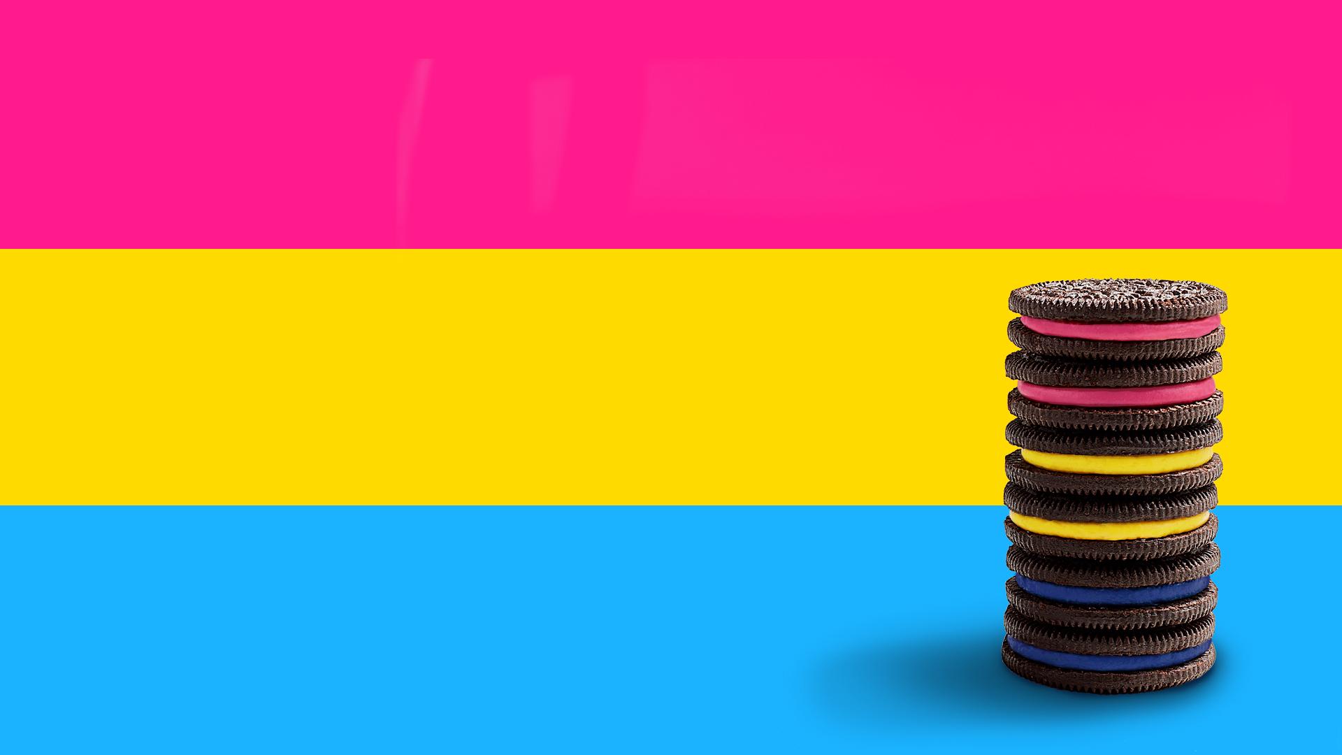 1920x1080 OREO Cookie Pansexual pride flag consists of three horizontal stripes: one pink, one yellow, and one light blue