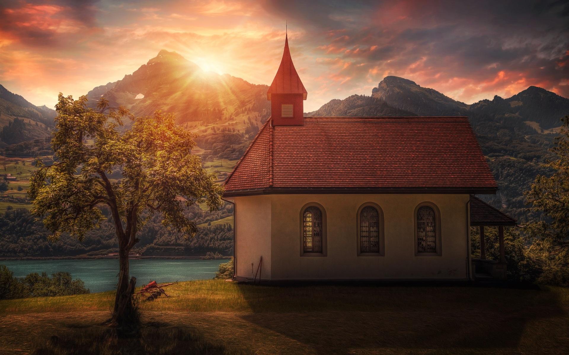 1920x1200 Wallpaper Church, house, trees, mountains, river, sunset 1920x1200 HD Picture, Image