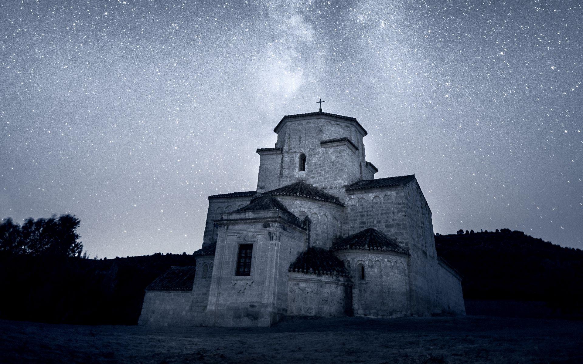 1920x1200 Download wallpaper 1920x1200 church, starry sky, night, milky way widescreen 16:10 HD background