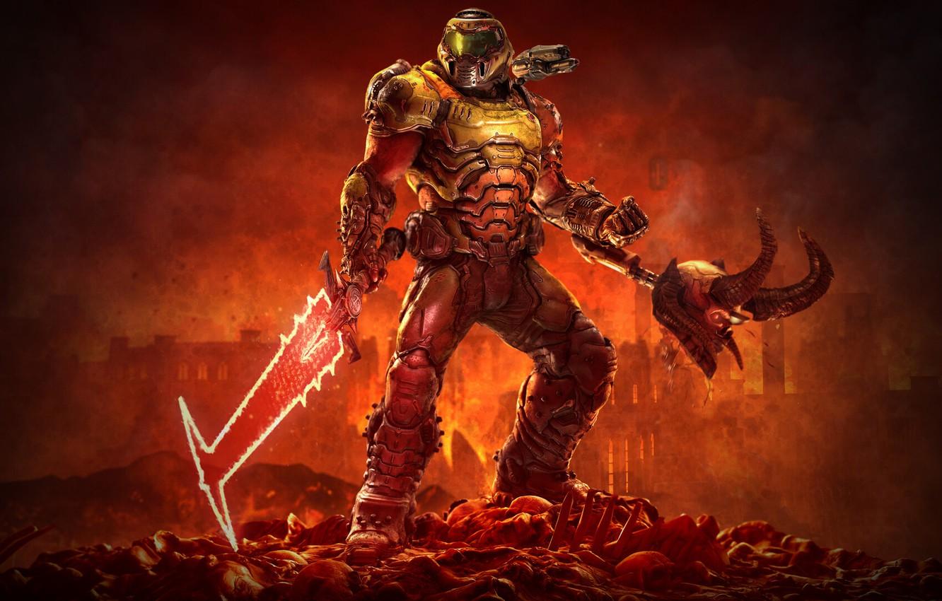 1332x850 Wallpaper demon, sword, bones, hell, head, Doom Eternal, doomslayer image for desktop, section игры