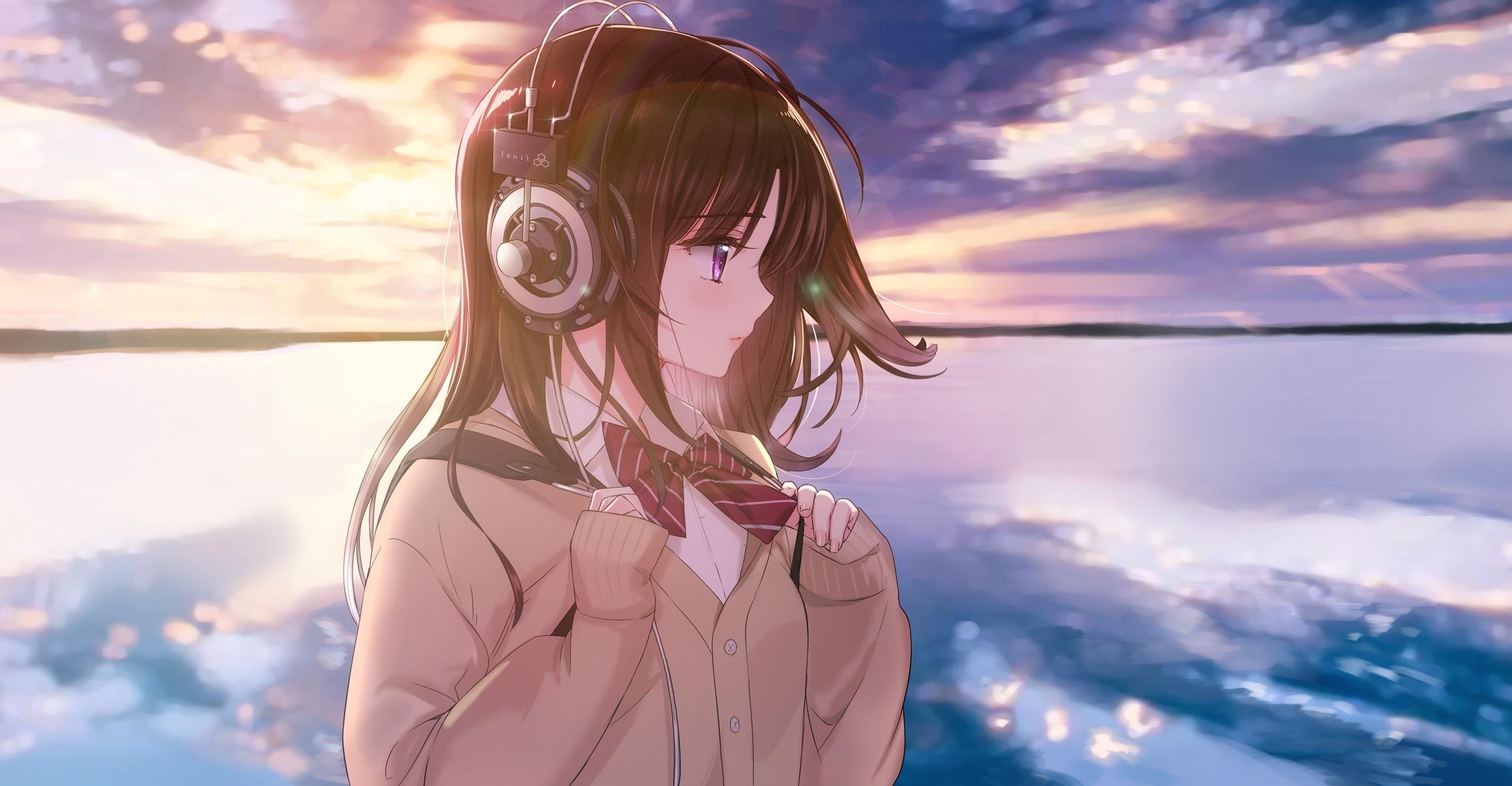 2560x1331 Wallpaper Anime Girl, Clouds, Sunset, Horizon, School Uniform, Headphones:2560x1331