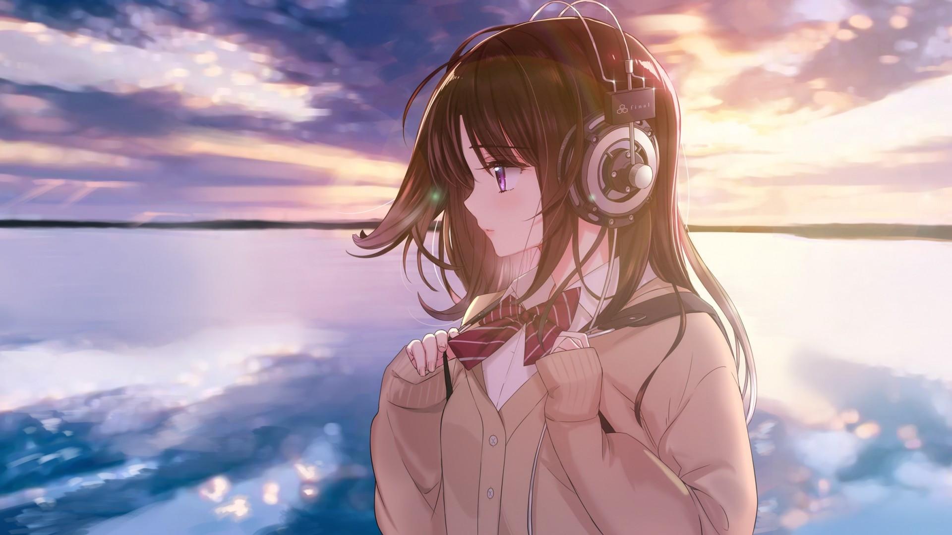 1920x1080 Download 1920x1080 Anime Girl, Horizon, School Uniform, Headphones, Sunset, Clouds Wallpaper for Widescreen