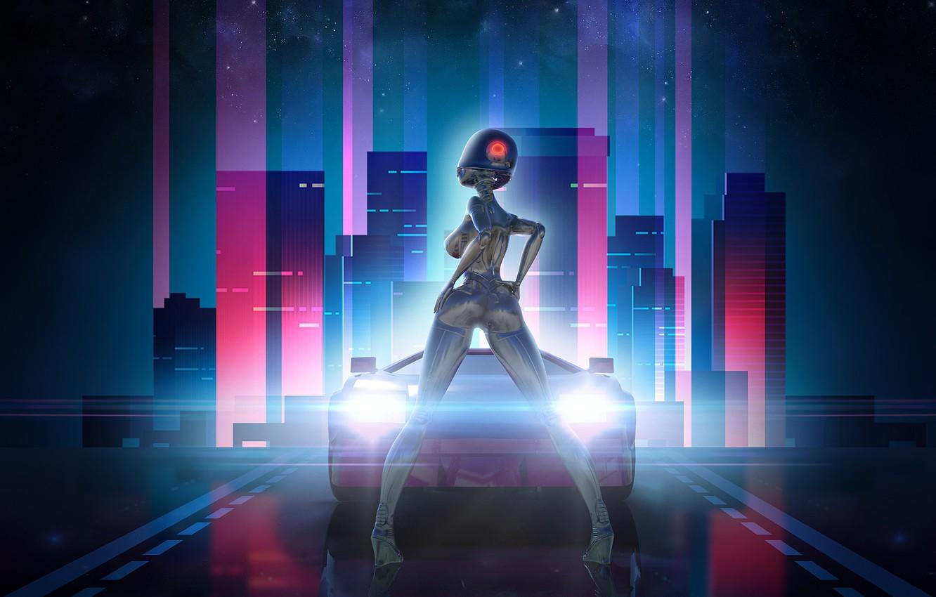 1332x850 Wallpaper The city, Stars, The game, Robot, Neon, Machine, Light, Background, Synthpop, Darkwave, Synth, Neon Drive, Retrowave, Synthwave, Synth pop image for desktop, section игры