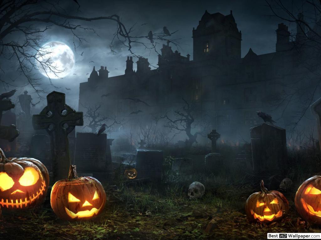 1024x768 Halloween Night in Graveyard HD wallpaper download