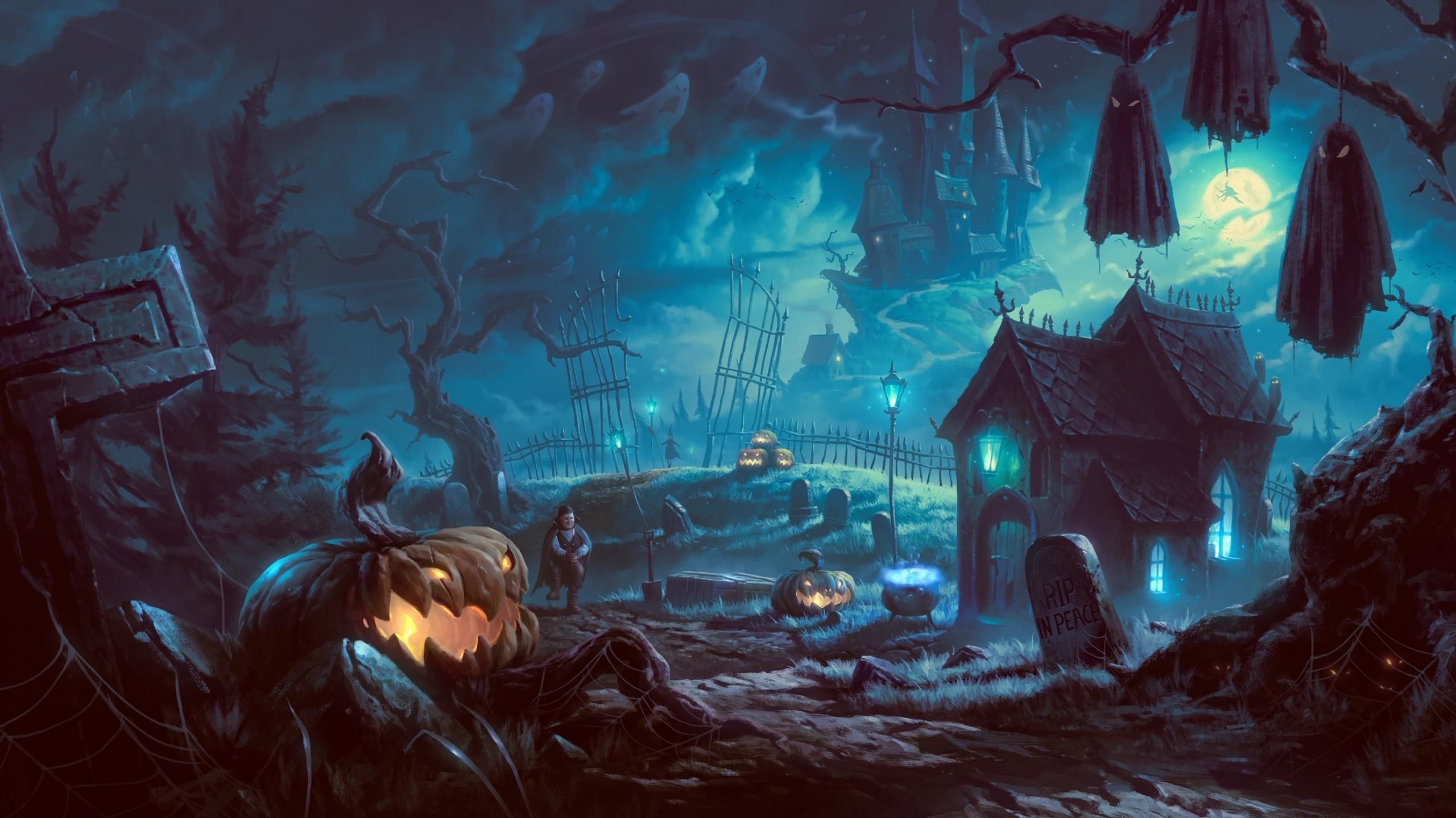 2560x1440 Halloween, Graveyard, Pumpkins, Vampire, Abandoned 10 Background Halloween
