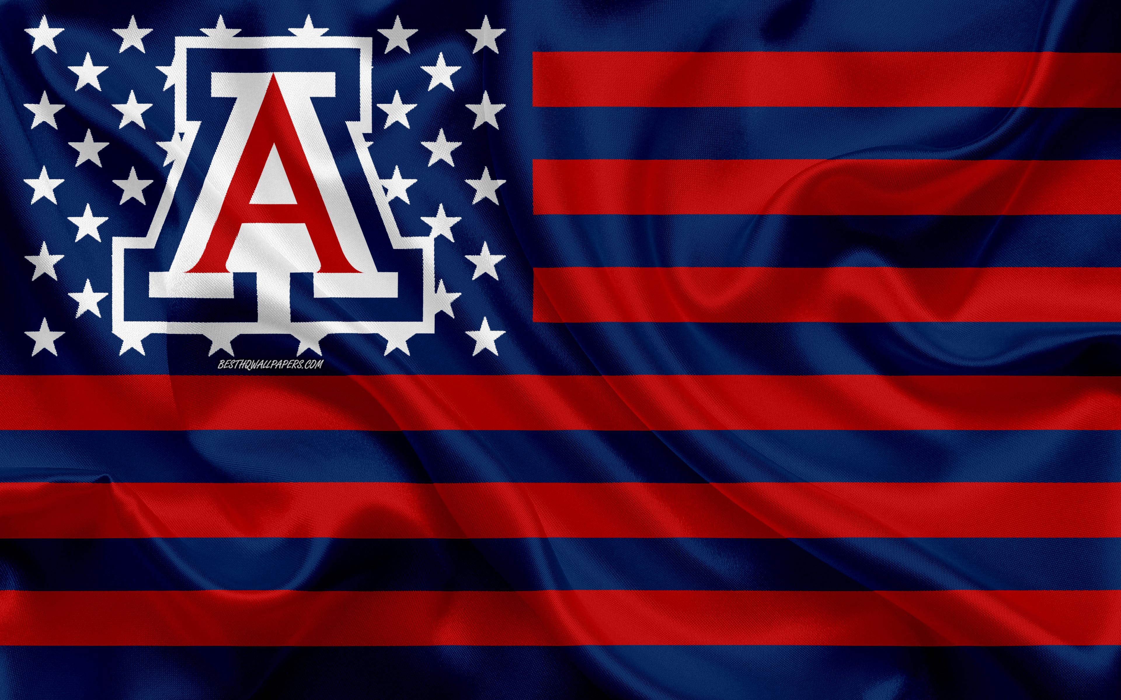 3840x2400 Download wallpaper Arizona Wildcats, American football team, creative American flag, blue red flag, NCAA, Tucson, Arizona, USA, Arizona Wildcats logo, emblem, silk flag, American football for desktop with resolution 3840x2400. High Quality