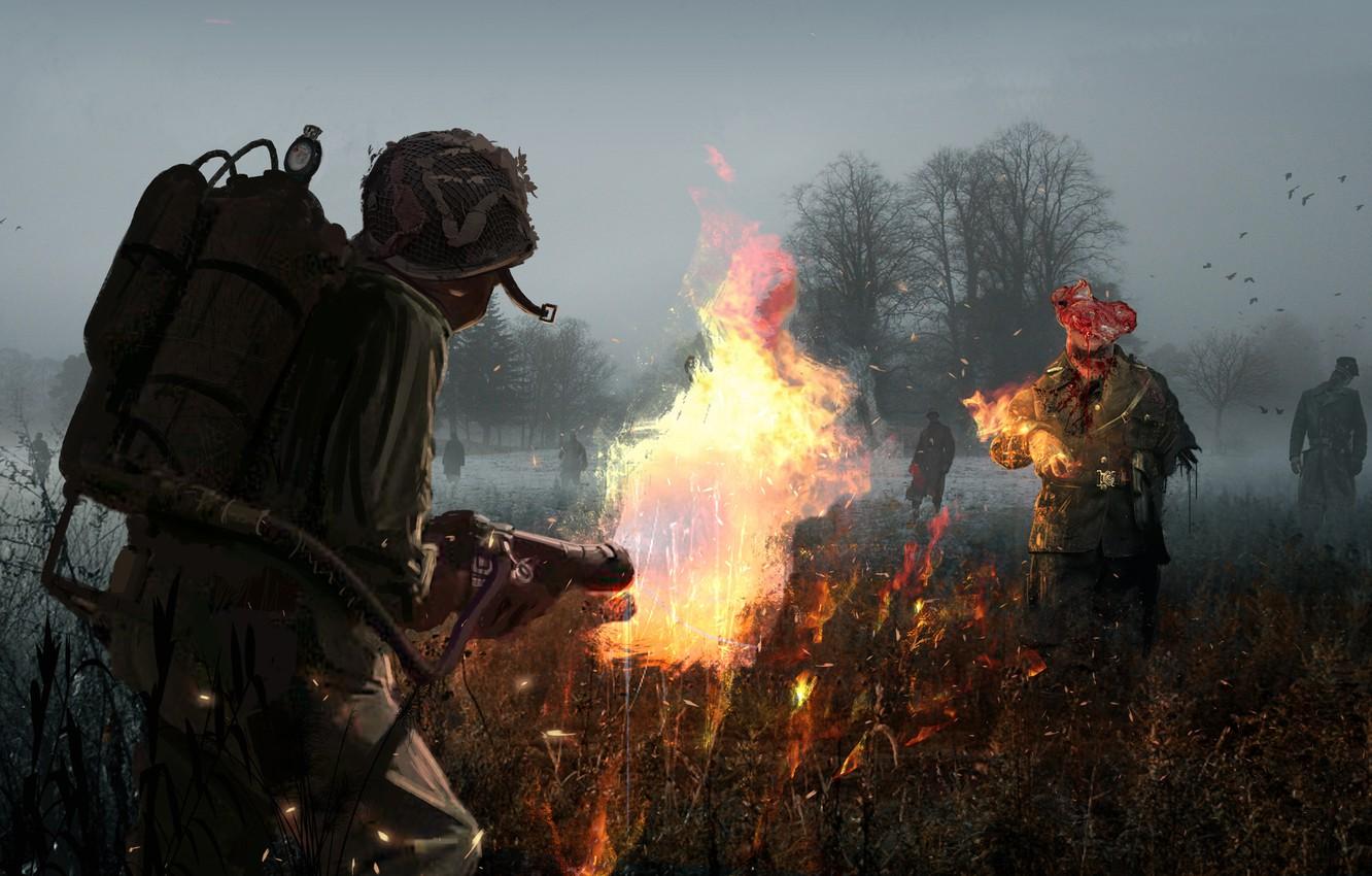 1332x850 Wallpaper field, death, fire, soldiers, helmet, flamethrower image for desktop, section разное