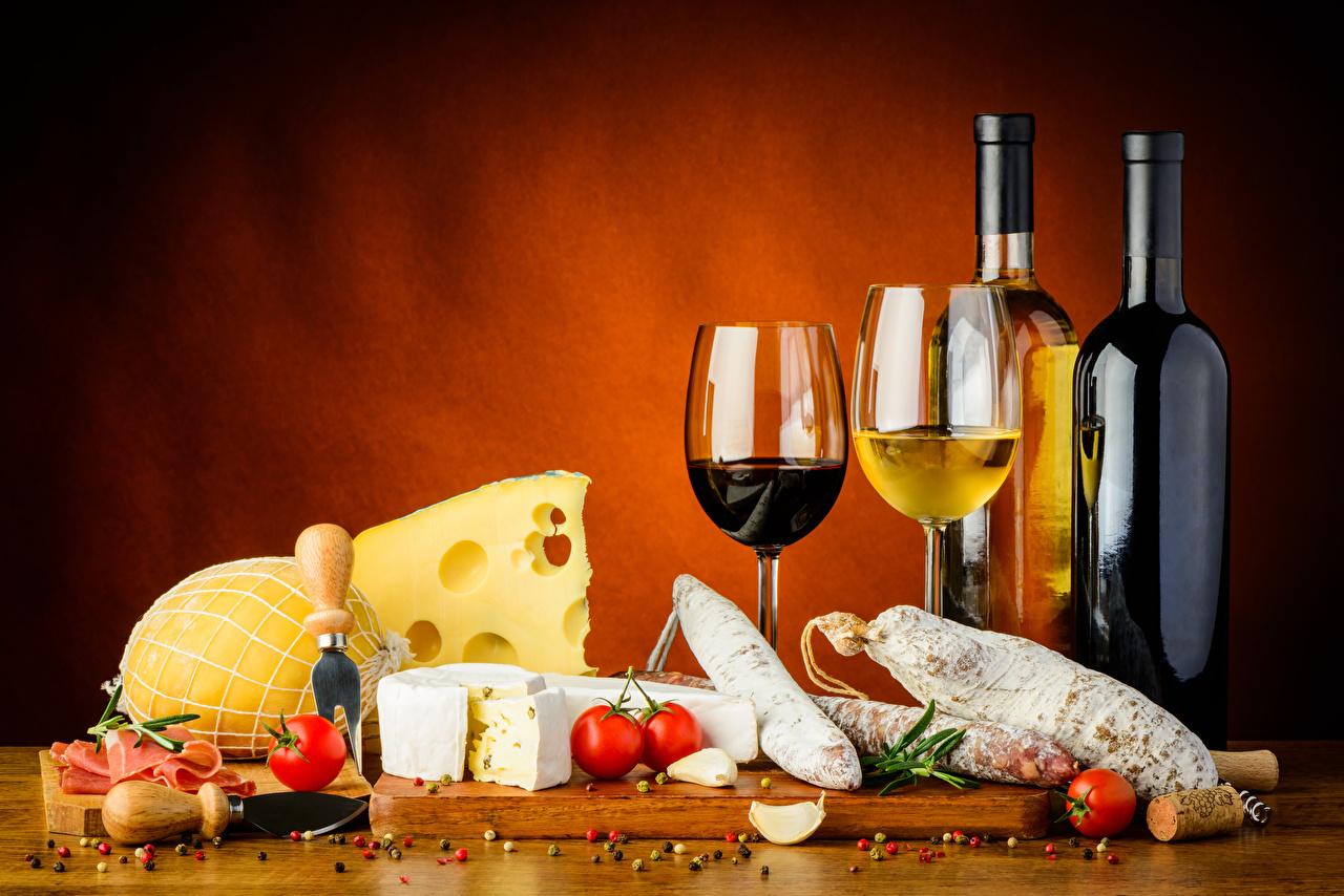 1280x854 Desktop Wallpaper Wine Sausage Tomatoes Cheese Food Bottle Stemware
