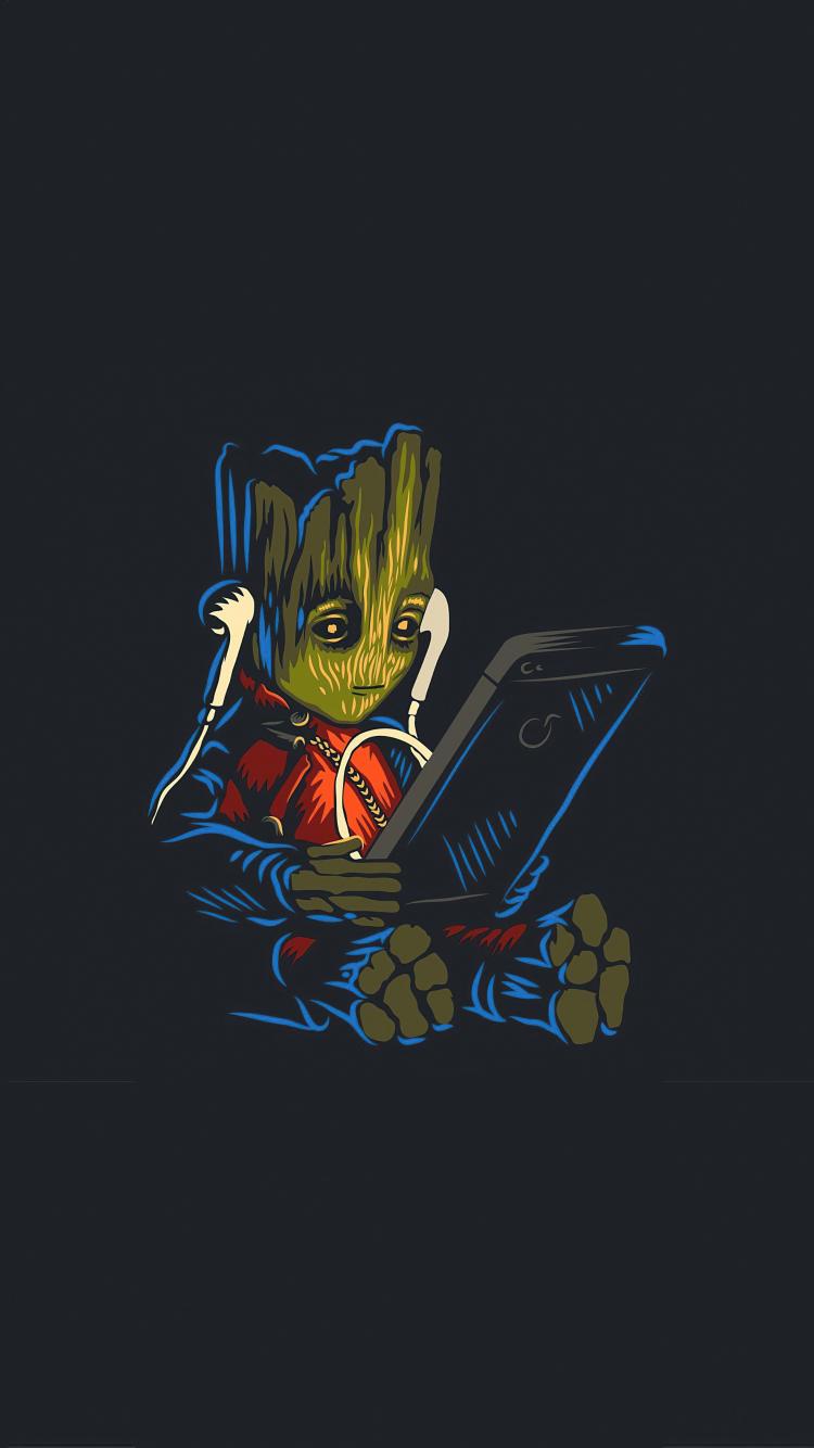 750x1334 Download 750x1334 wallpaper baby groot, listening music on phone, fan art, iphone iphone 750x1334 HD image, background, 26389