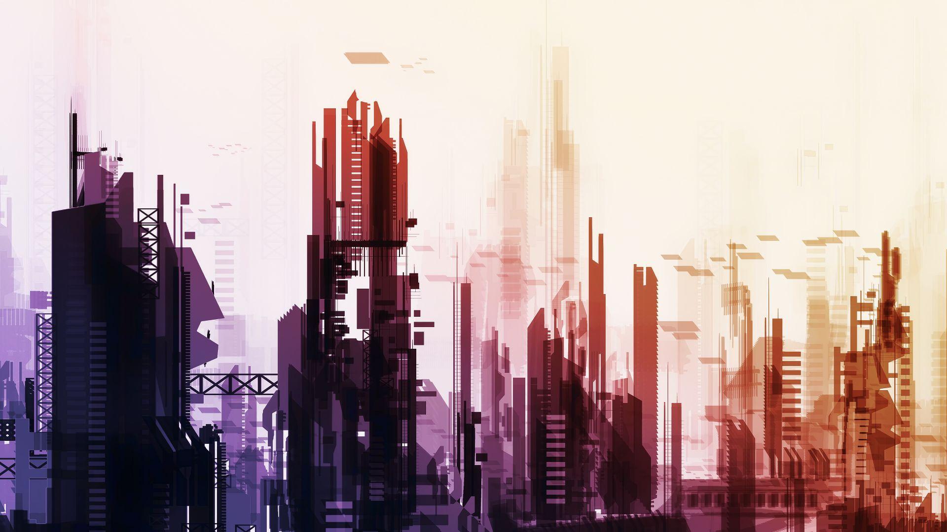 1920x1080 Desktop wallpaper minimal, futuristic city, fantasy, digital art, buildings, HD image, picture, background, 9f0150