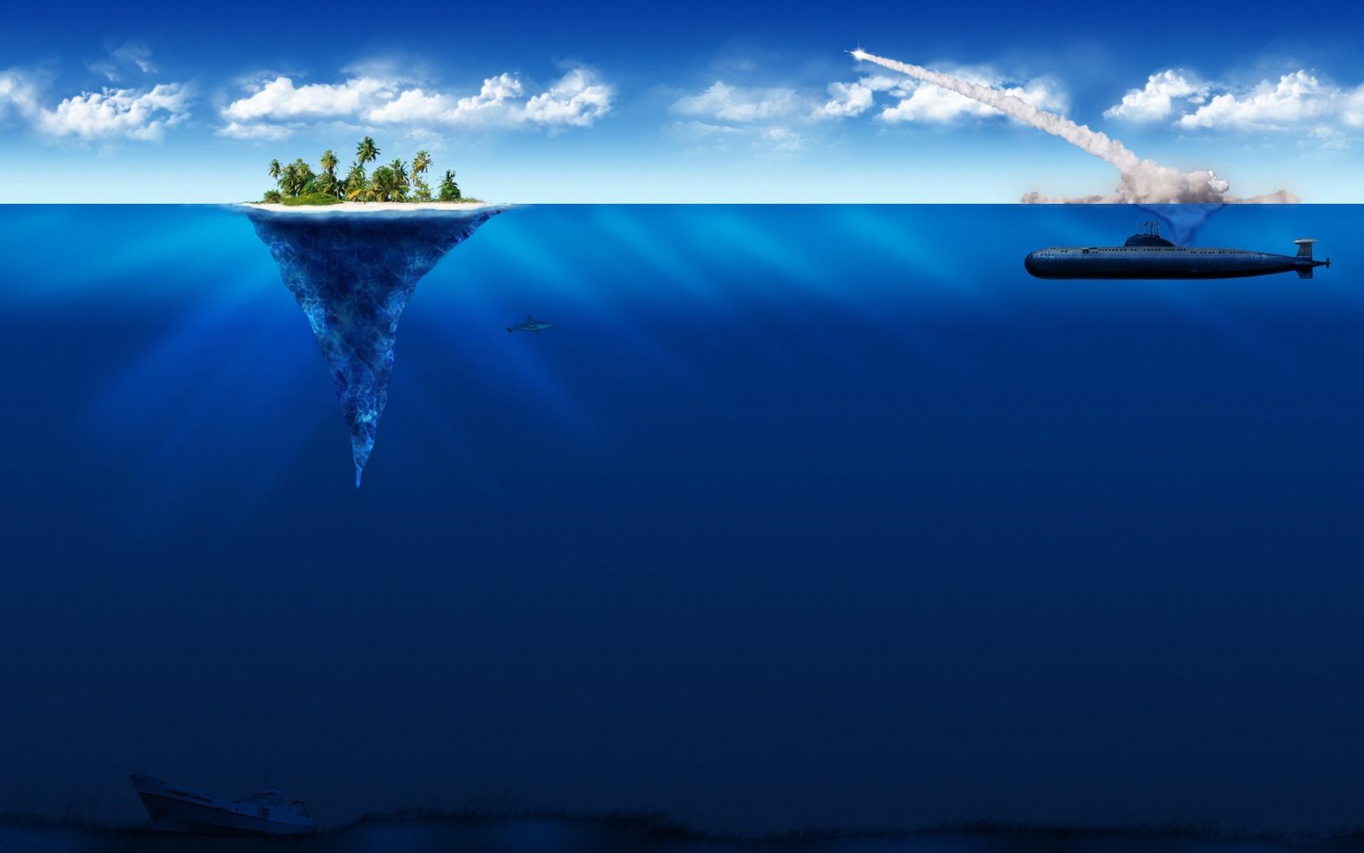 1920x1200 water submarine islands sharks artwork
