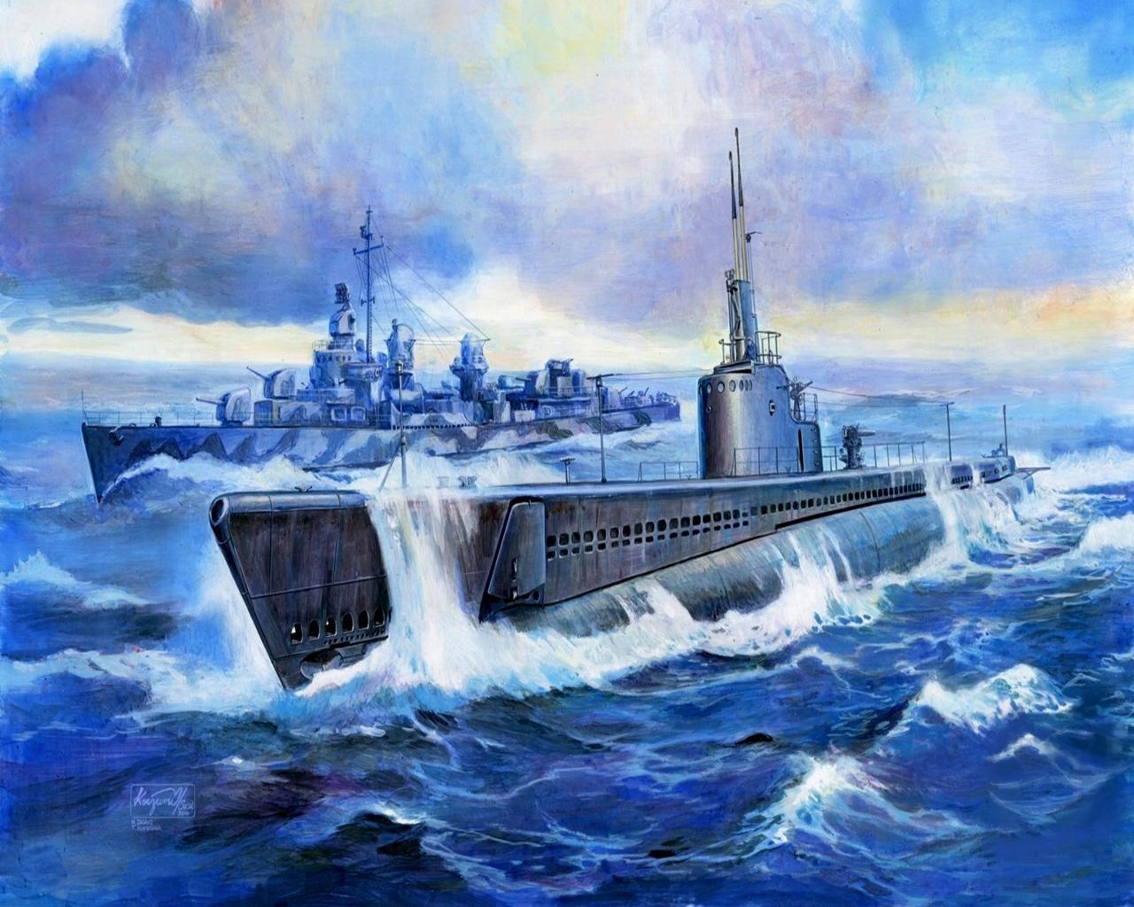 1280x1024 Image Submarines Submarine class Gato (1942) Painting Art military