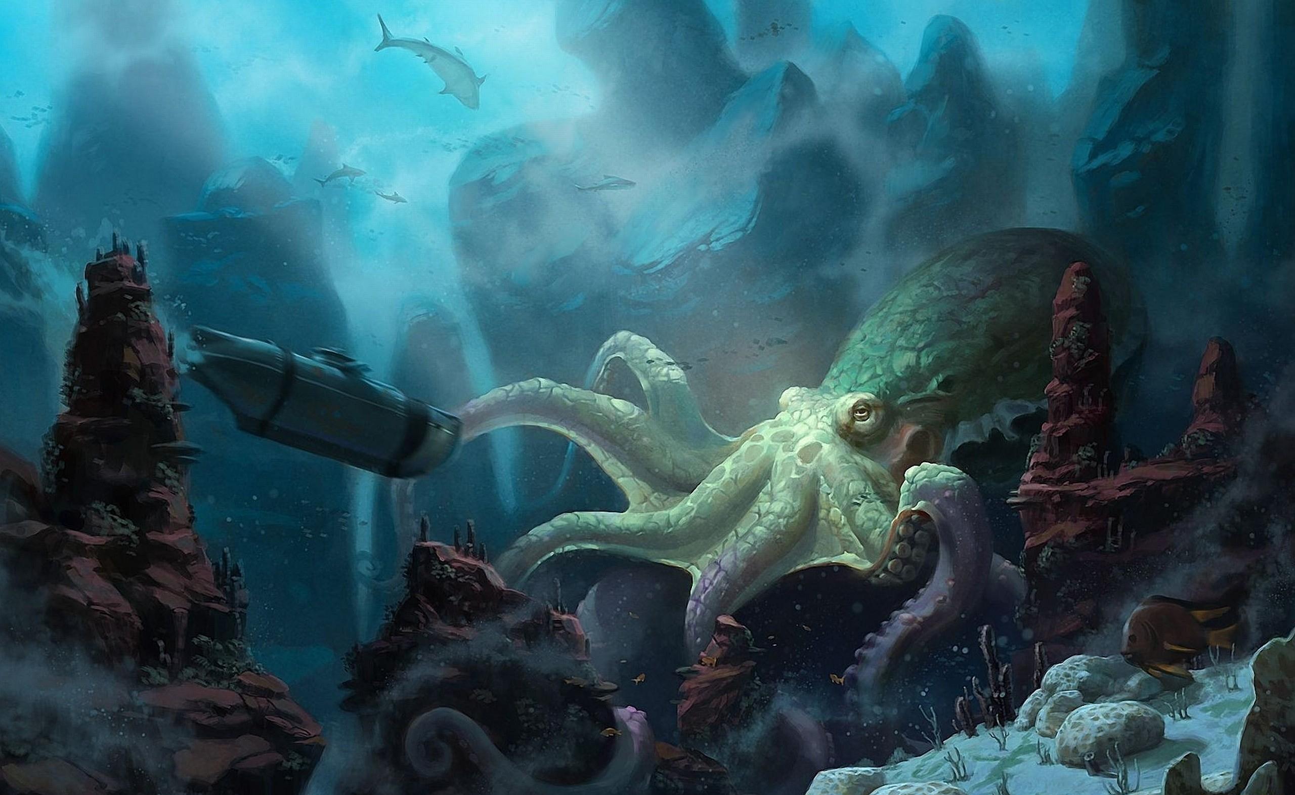 2560x1571 submarine octopus fantasy art artwork underwater 2560x1571 wallpaper High Quality Wallpaper, High Definition Wallpaper