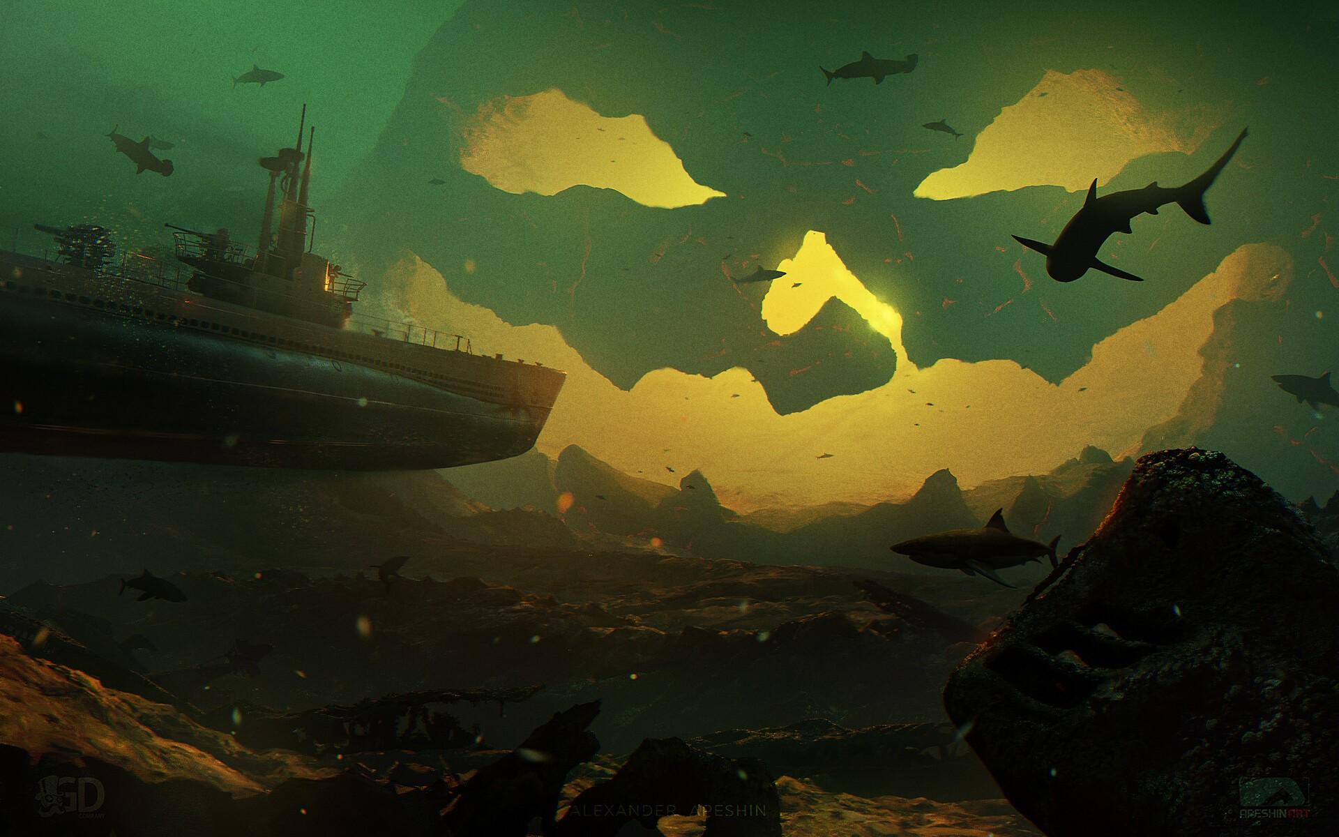 1920x1200 Wallpaper / fantasy art, artwork, digital art, underwater, submarine, shark, Alexander Apeshin, rock, Halloween, Jack O Lantern
