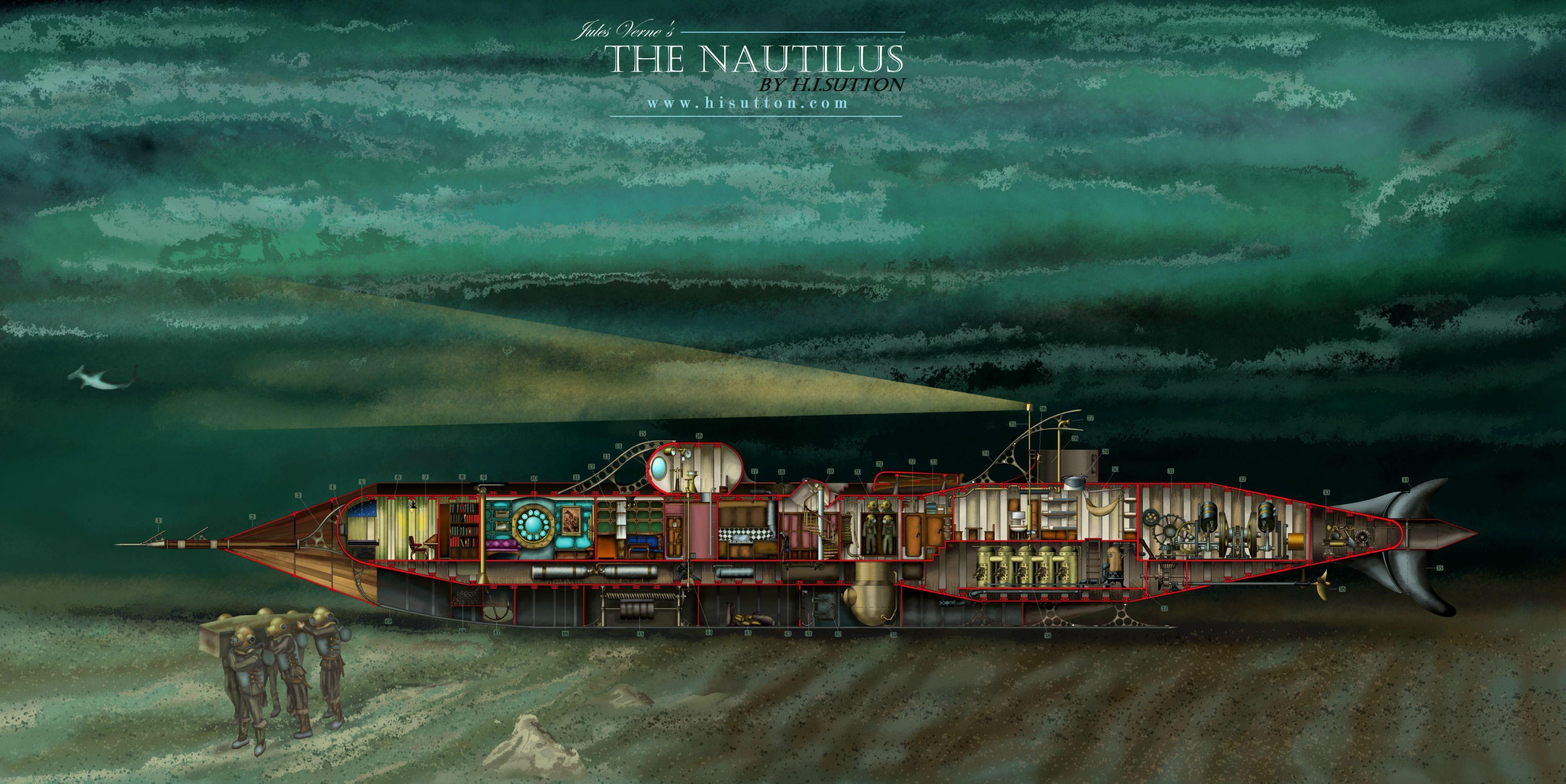 3600x1803 jules verne nautilus divers fantasy art submarine underwater sea technology lights fish wallpaper