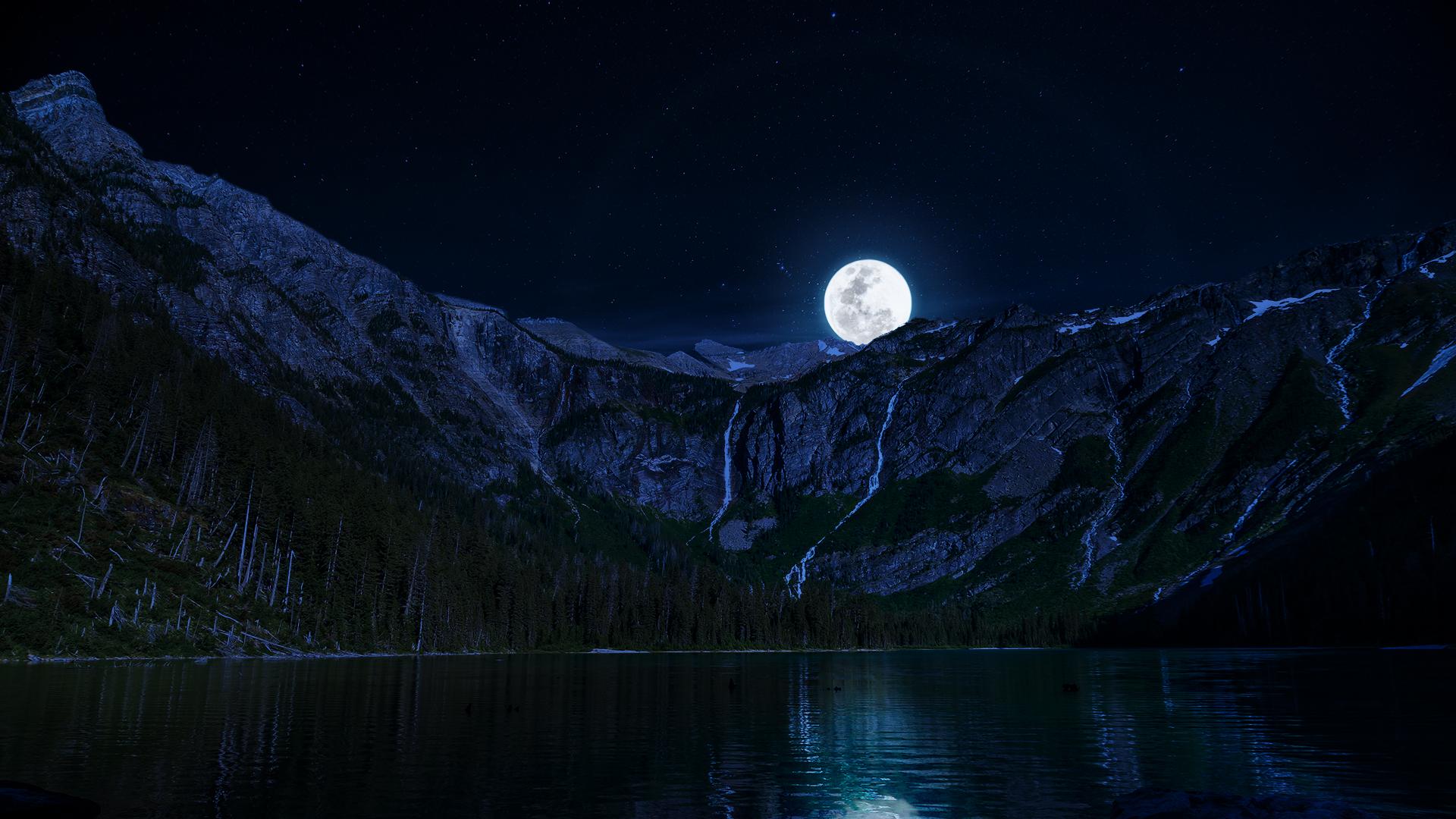 1920x1080 lake, Night, Moon, Mountains Wallpaper HD / Desktop and Mobile Background