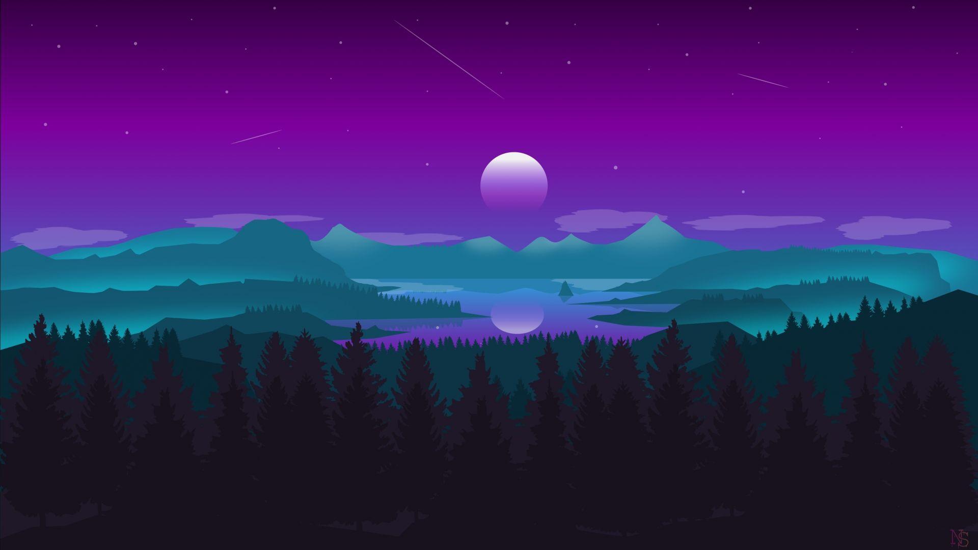 1920x1080 Desktop wallpaper horizon, moon, mountains, forest, digital art, HD image, picture, background, a56dc8