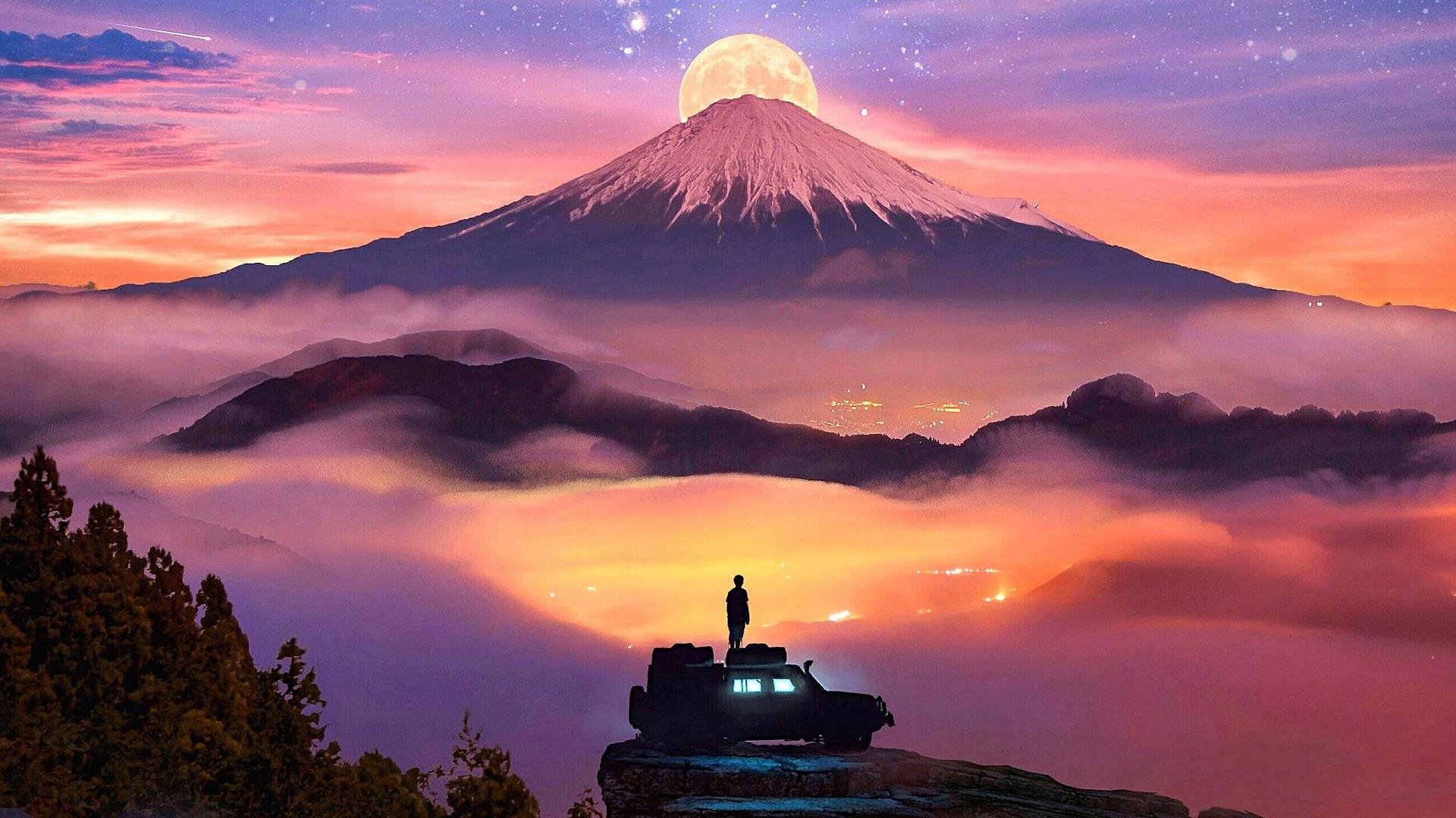 1920x1080 Man Watching Moon Rising Over Mountains Wallpaper, HD Fantasy 4K Wallpaper, Image, Photo and Background
