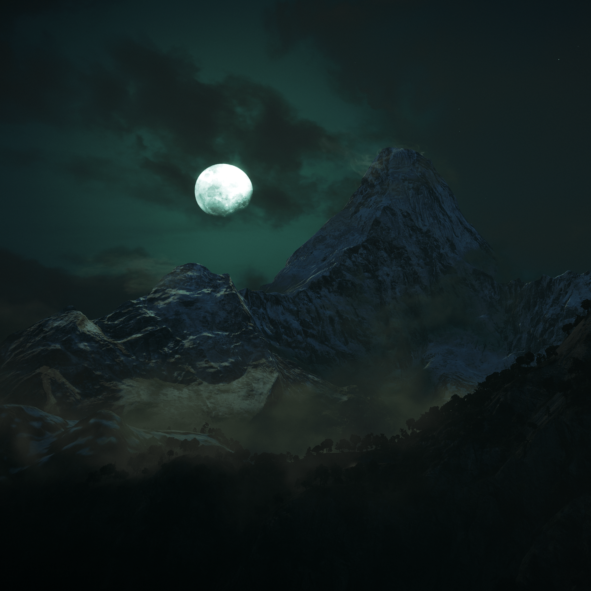 2048x2048 Moon Wallpaper 4K, Mountains, Night, Dark, Forest, Nature