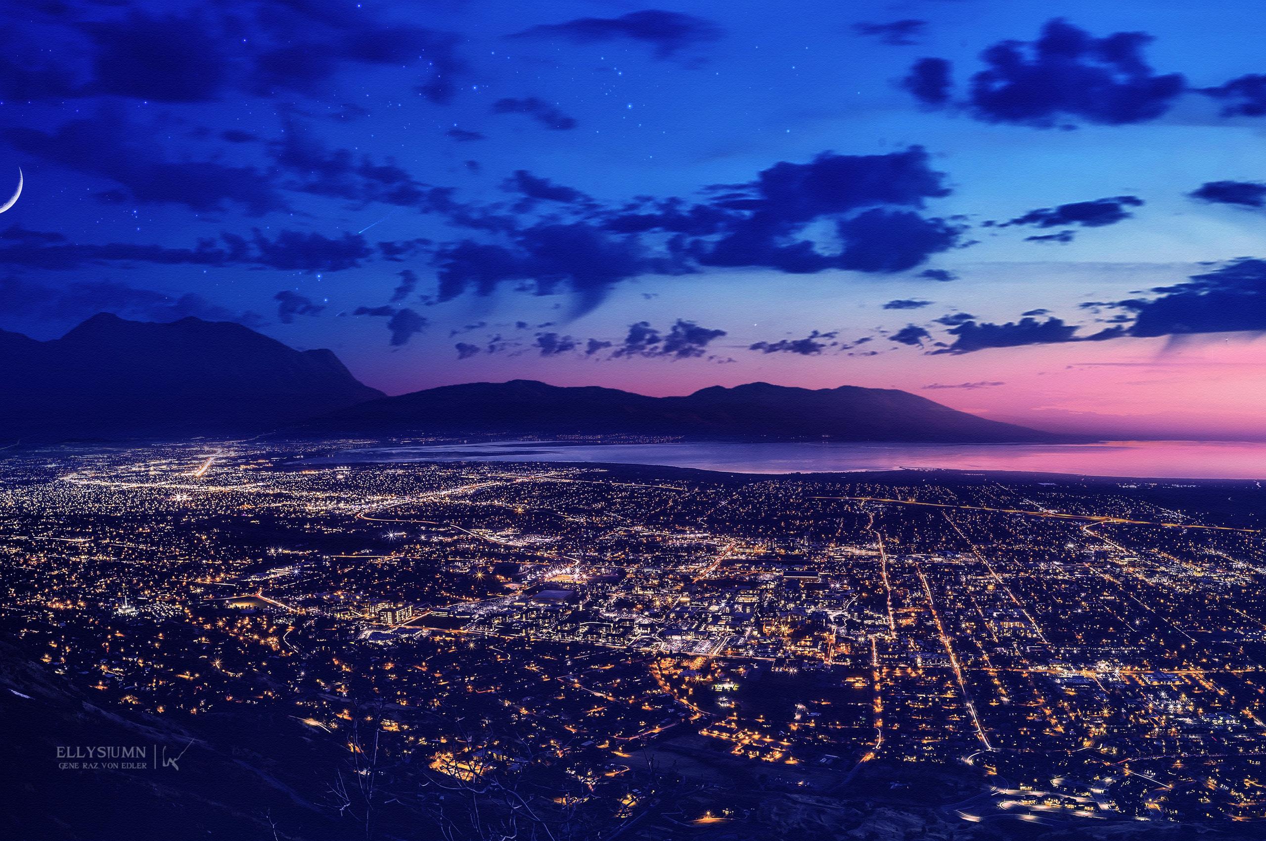 2560x1700 City Dreamscape Lights Night Moon Mountains Chromebook Pixel HD 4k Wallpaper, Image, Background, Photo and Picture