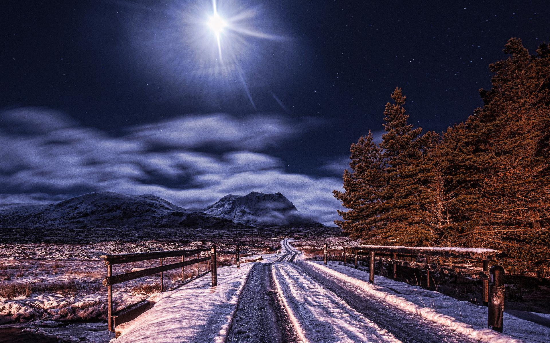 1920x1200 Mountain road night stars moon wallpaperx1200