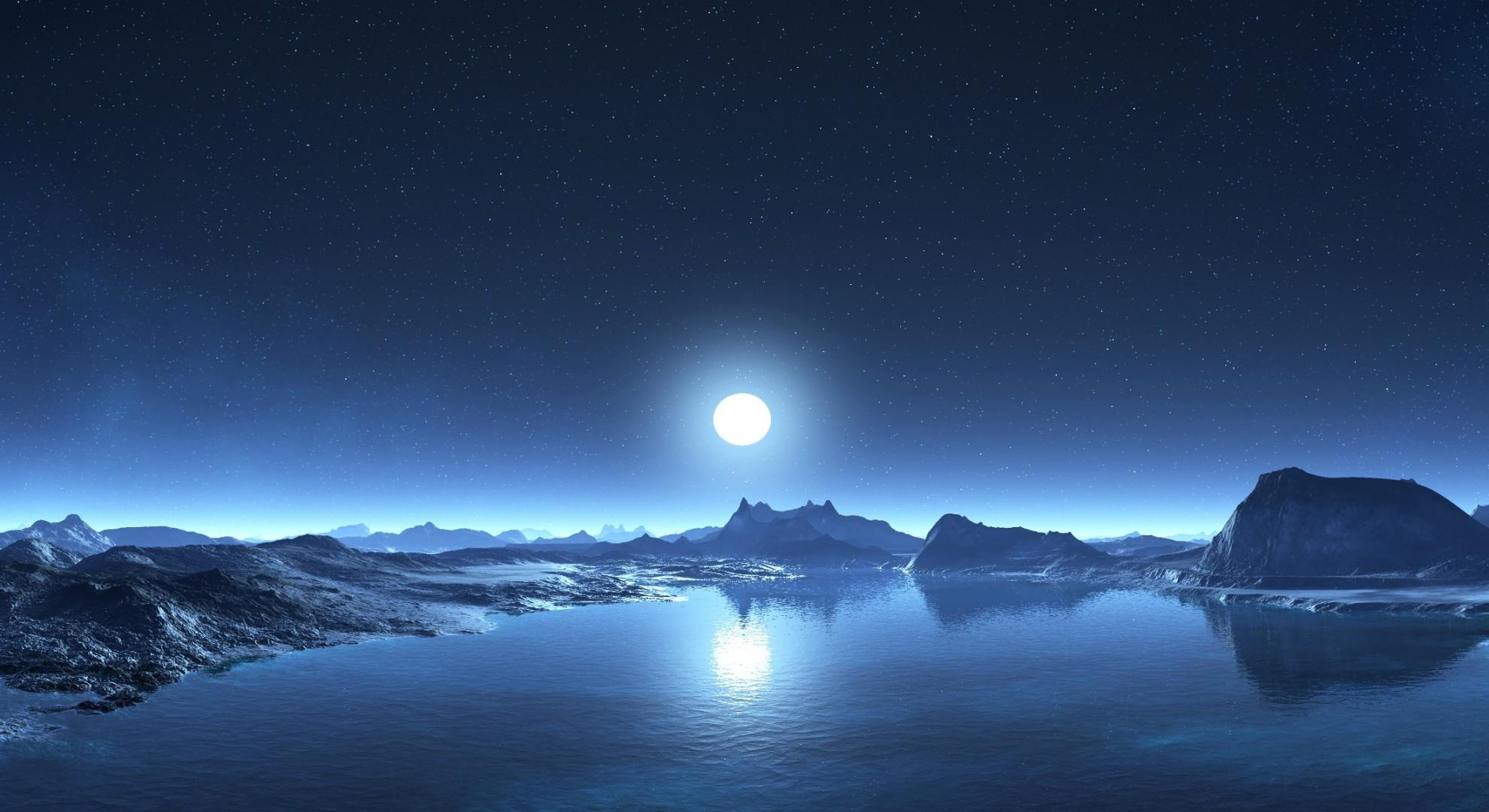 1980x1080 Download 1980x1080 Night, Moon, Lake, Hills, Mountain, Sci Fi, Stars, Sky, Digital Art Wallpaper