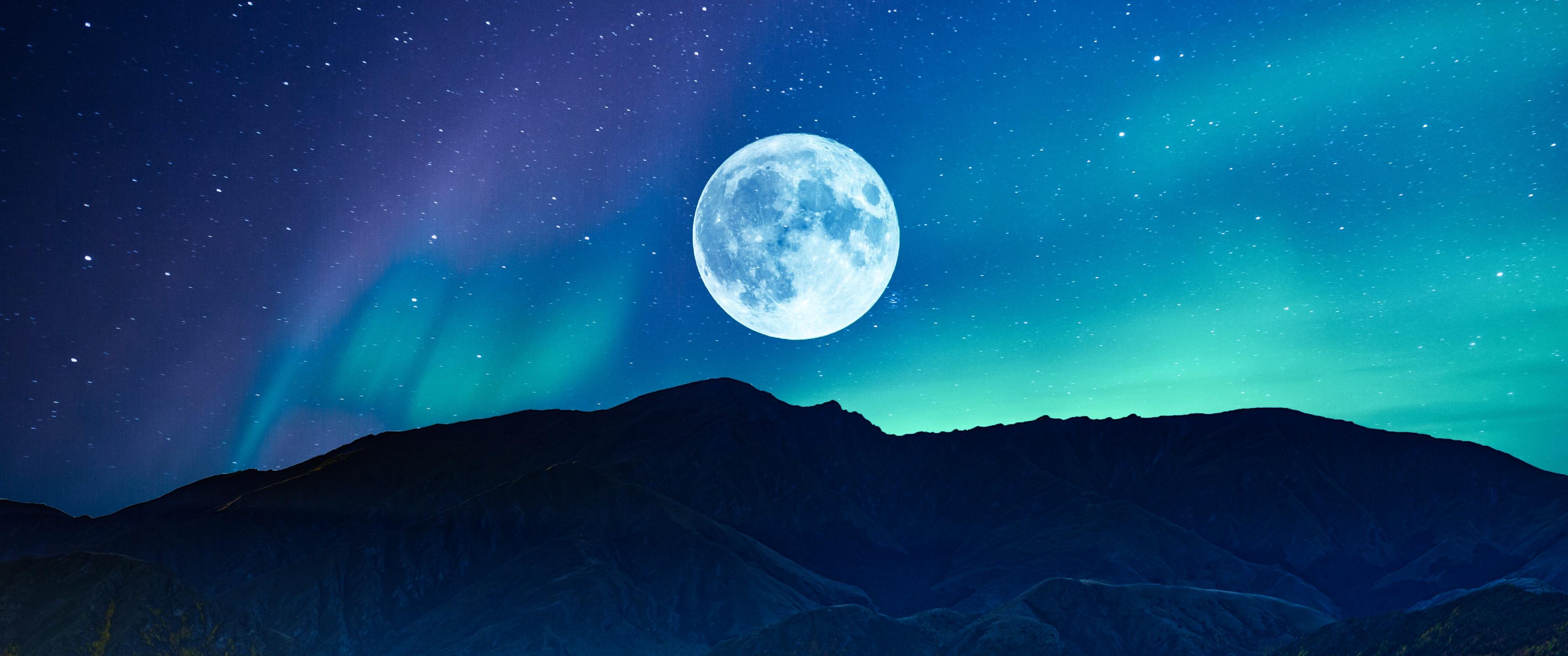3440x1440 Full Moon Wallpaper 4K, Aurora Borealis, Night time, Mountain, Nature