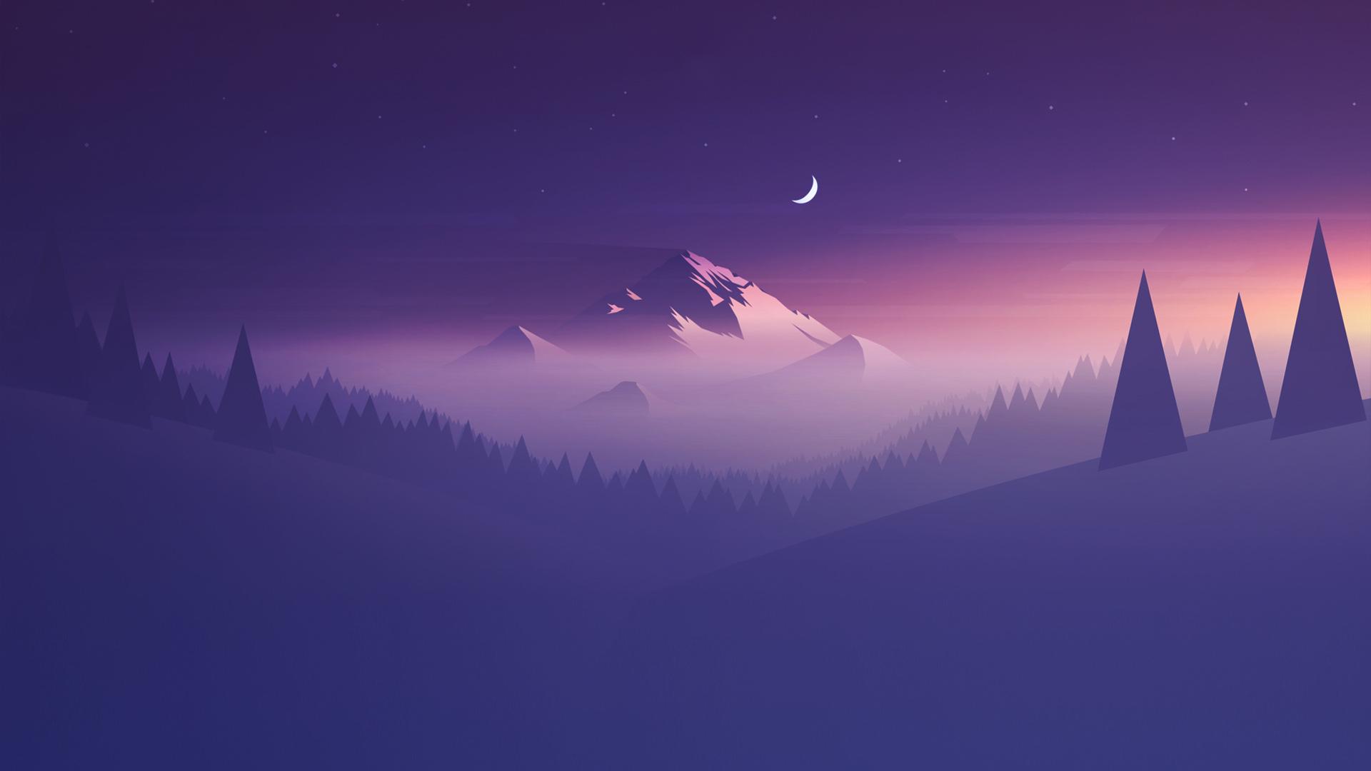 1920x1080 Mountains, night, moon, purple landscape, simple desktop wallpaper