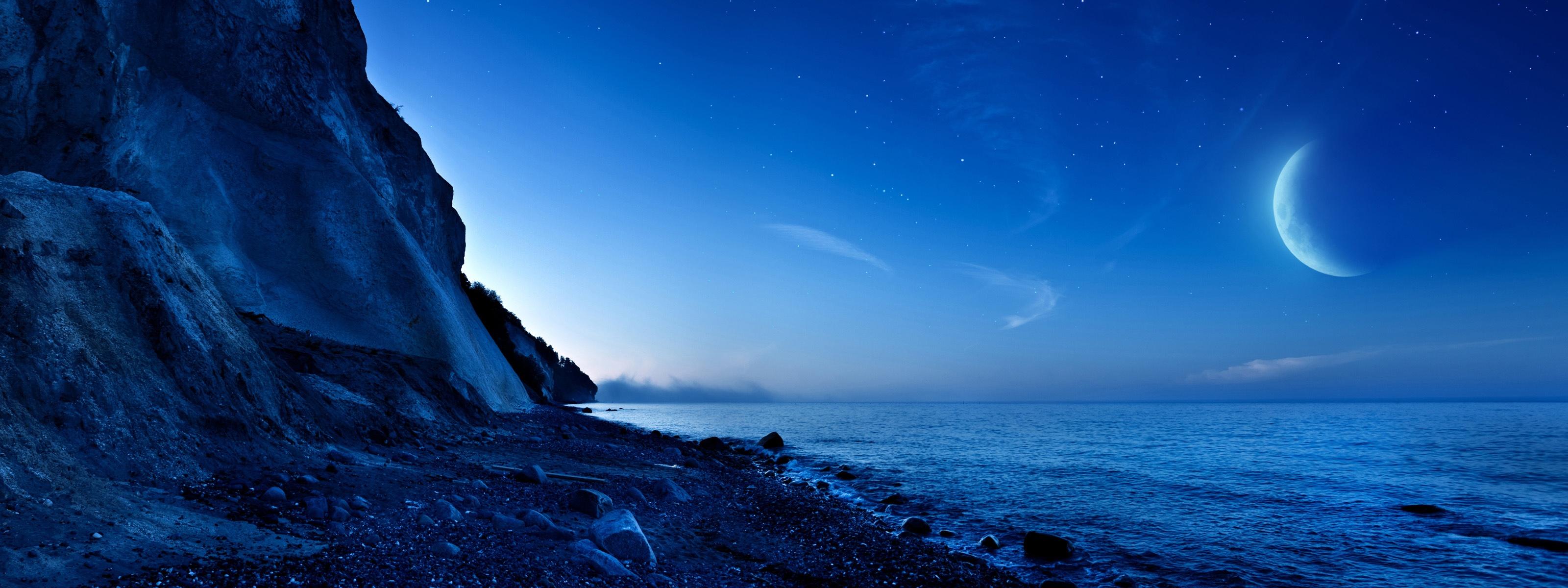 3200x1200 Nightfall Mountain Sea Moon Wallpaper in jpg format for free download