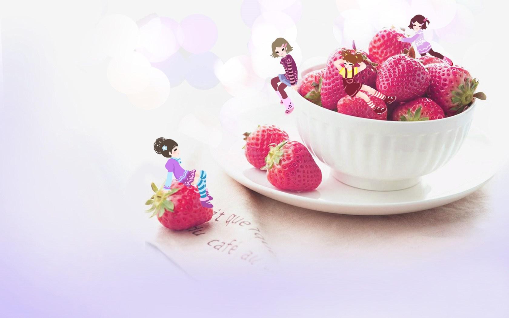 1680x1050 Cute cartoon girl wallpaper on strawberry