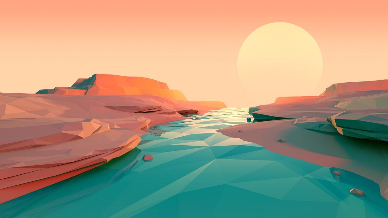 1280x720 Polygon Lake sunset Minimalist Wallpaper Full HD