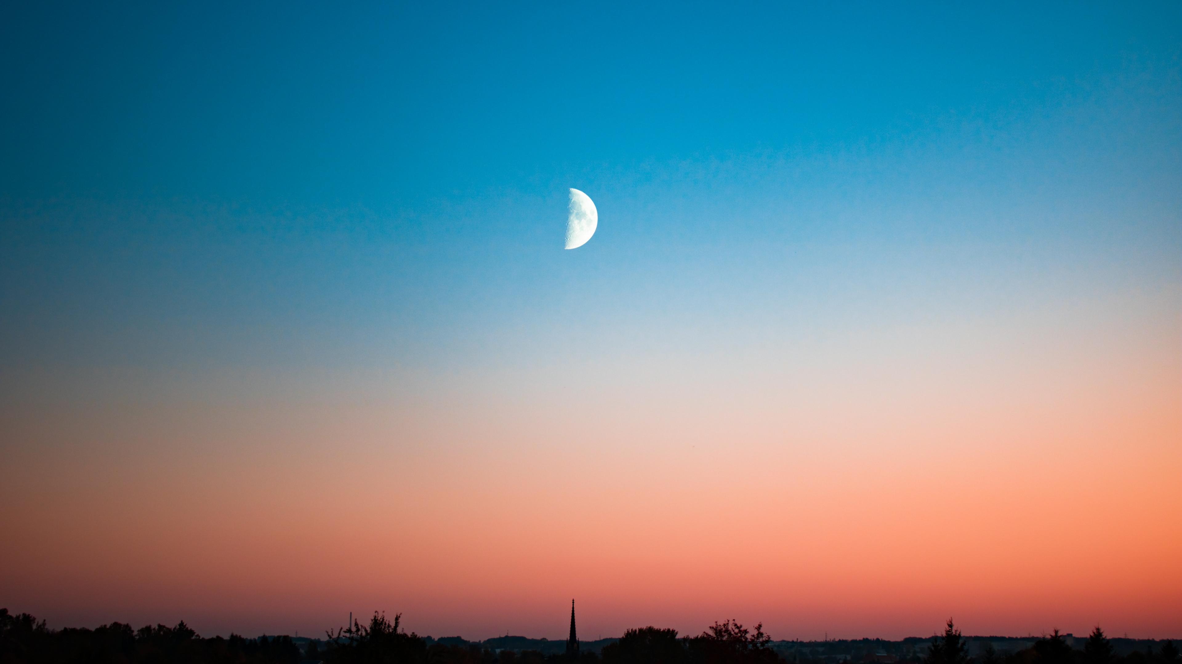 3840x2160 Download Sunset, half moon, clean sky, minimal wallpaper, 3840x 4K UHD 16: Widescreen