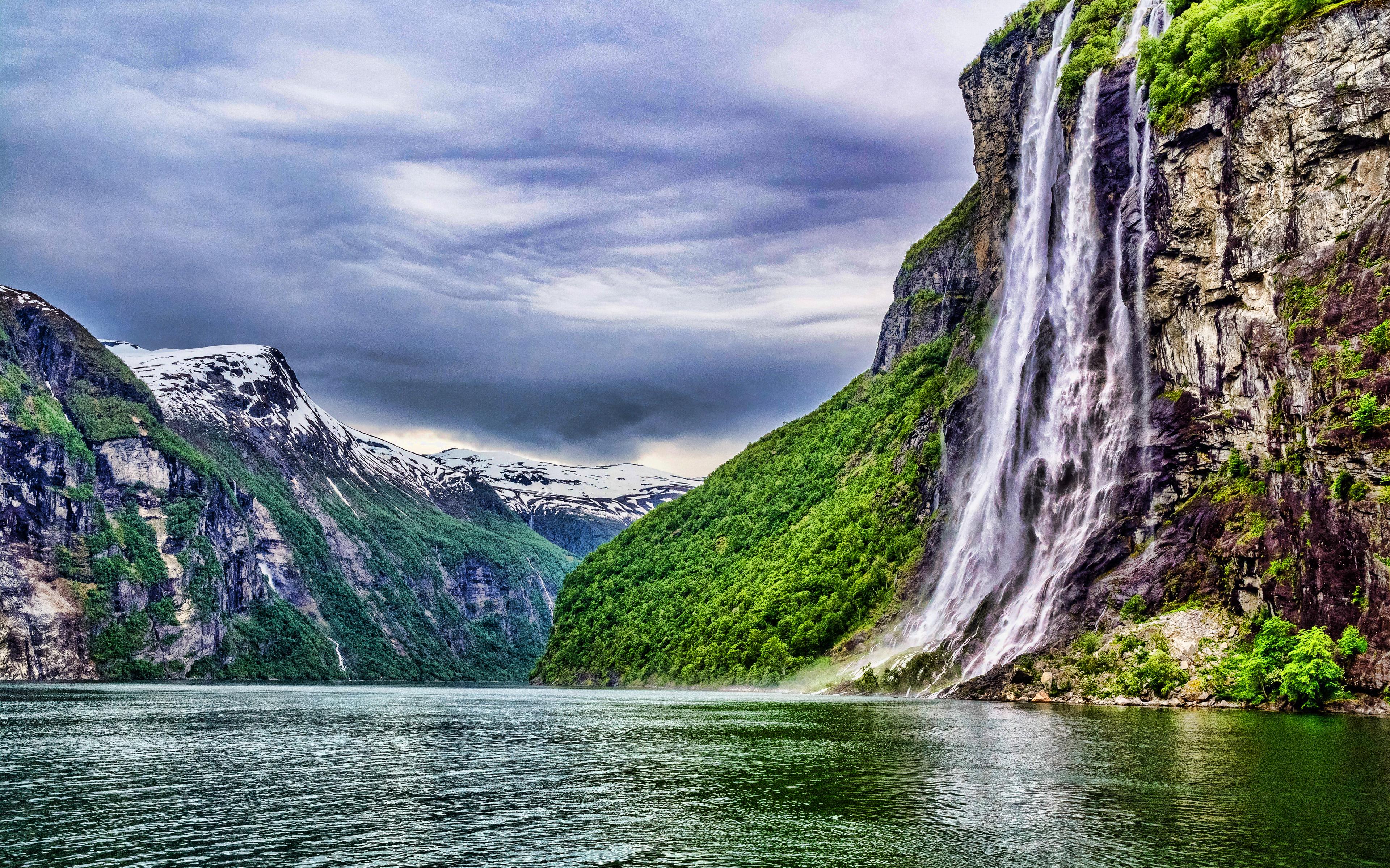 3840x2400 Download wallpaper Norway, 4k, fjord, waterfall, mountains, Europe, norwegian nature, HDR, beautiful nature for desktop with resolution 3840x2400. High Quality HD picture wallpaper