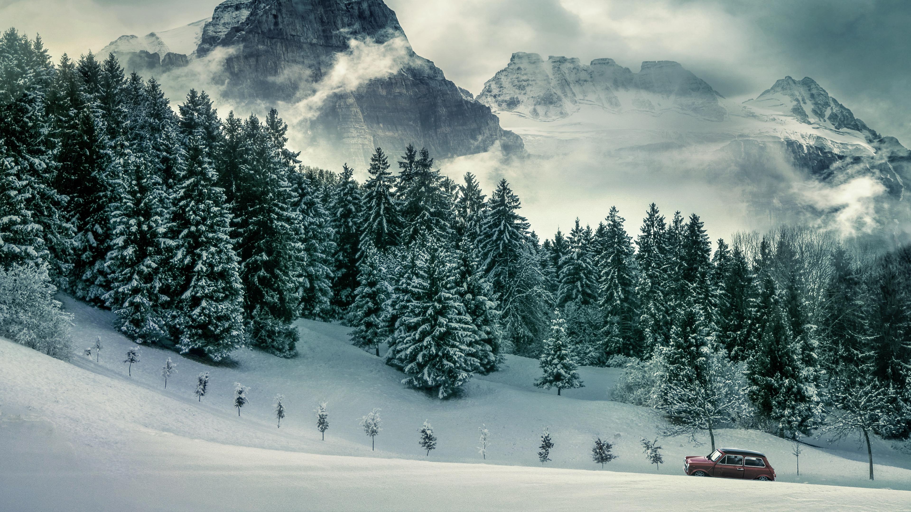 3840x2160 Forest, Mountains, Pine trees, Winter, Peak, 4k Free deskk wallpaper, Ultra HD