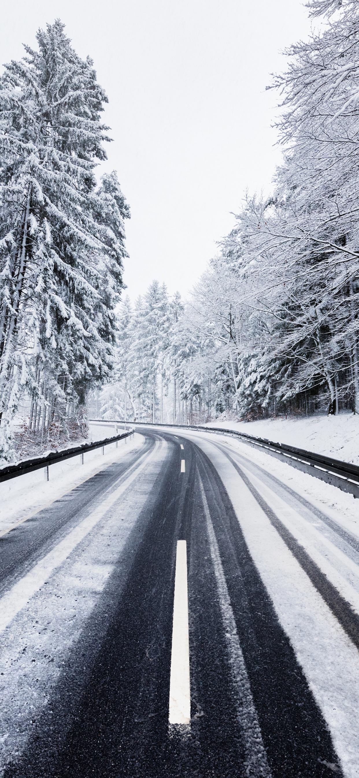 1242x2688 Winter Wallpaper 4K, Road, Forest, Snow covered, Trees, Nature