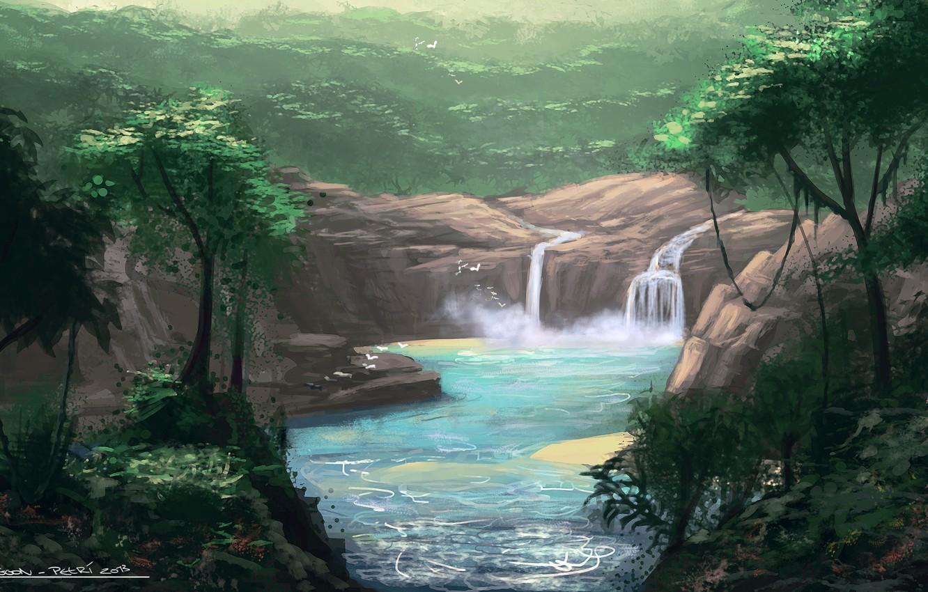 1332x850 Wallpaper summer, trees, flight, landscape, birds, nature, river, waterfall, painting image for desktop, section живопись