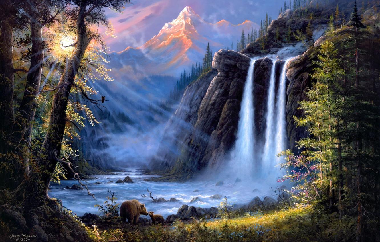 1332x850 Wallpaper forest, landscape, mountains, river, waterfall, bears, art, Jesse Barnes image for desktop, section пейзажи