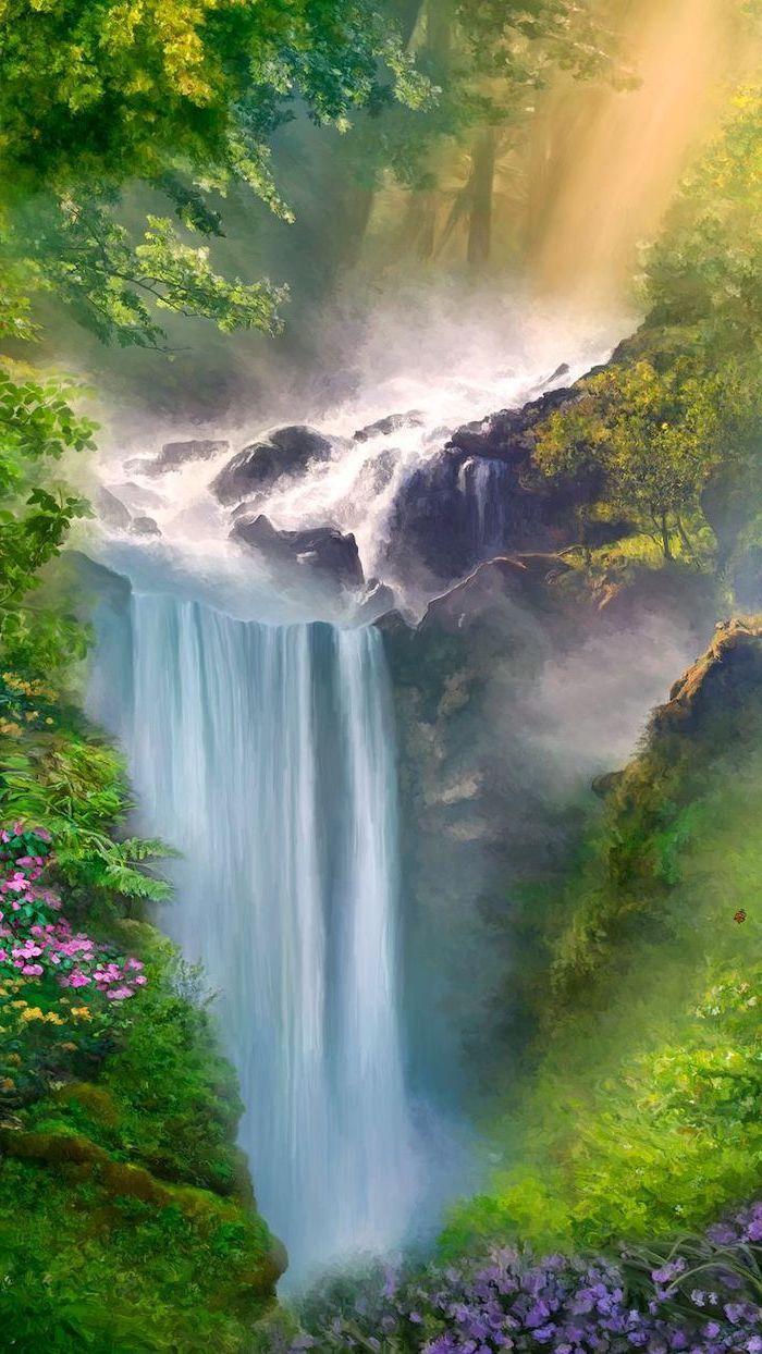 700x1244 Flower Waterfall Trees Wallpaper