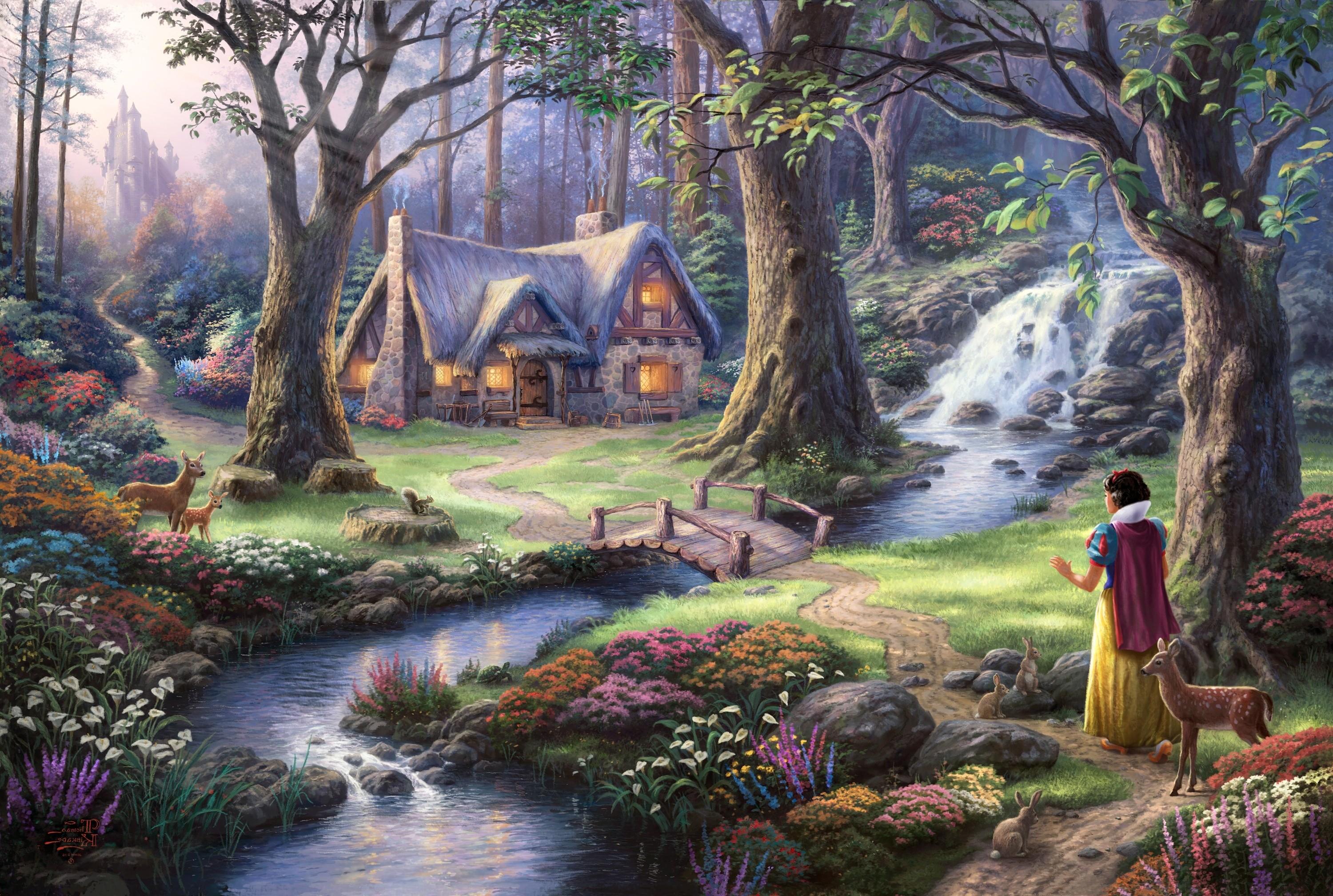 3000x2016 fantasy Art, Fairies, Thomas Kinkade, Painting, Trees, Flowers, Stream, House, Waterfall, Bridge, Lights, Castle, Forest, Animals, Deer, Path, Rabbits, Sun Rays, Artwork, Snow White Wallpaper HD / Desktop and Mobile Background