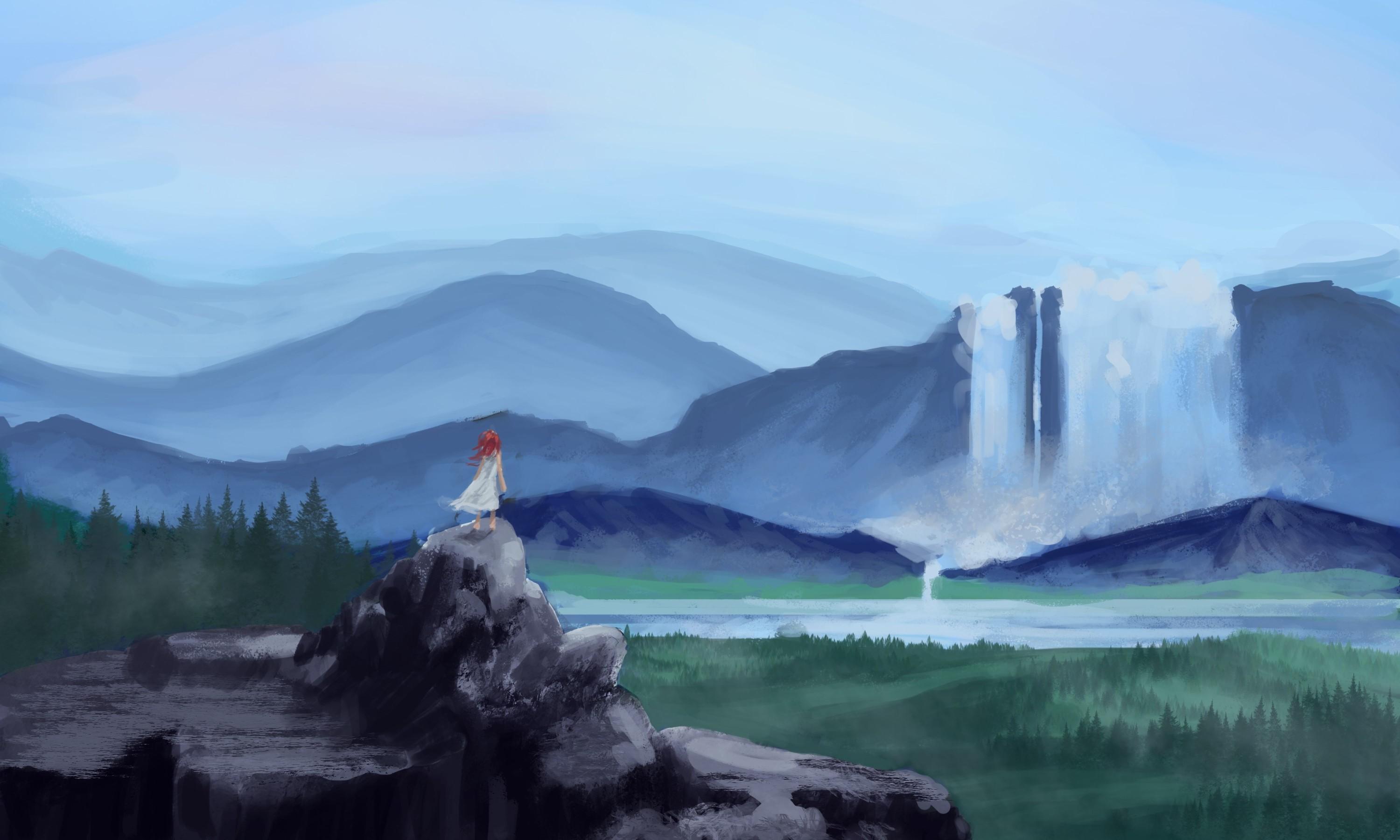 3000x1800 painting landscape waterfall wallpaper