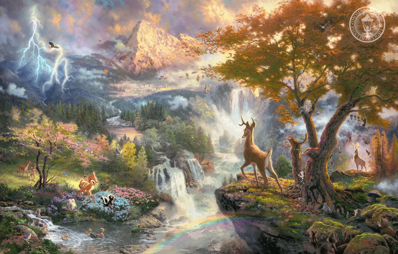 1332x850 Wallpaper animals, mountains, birds, nature, river, cartoon, waterfall, Bambi, beautiful, painting, art, Thomas Kinkade, painting, Walt Disney, film, Thomas kinkade image for desktop, section живопись