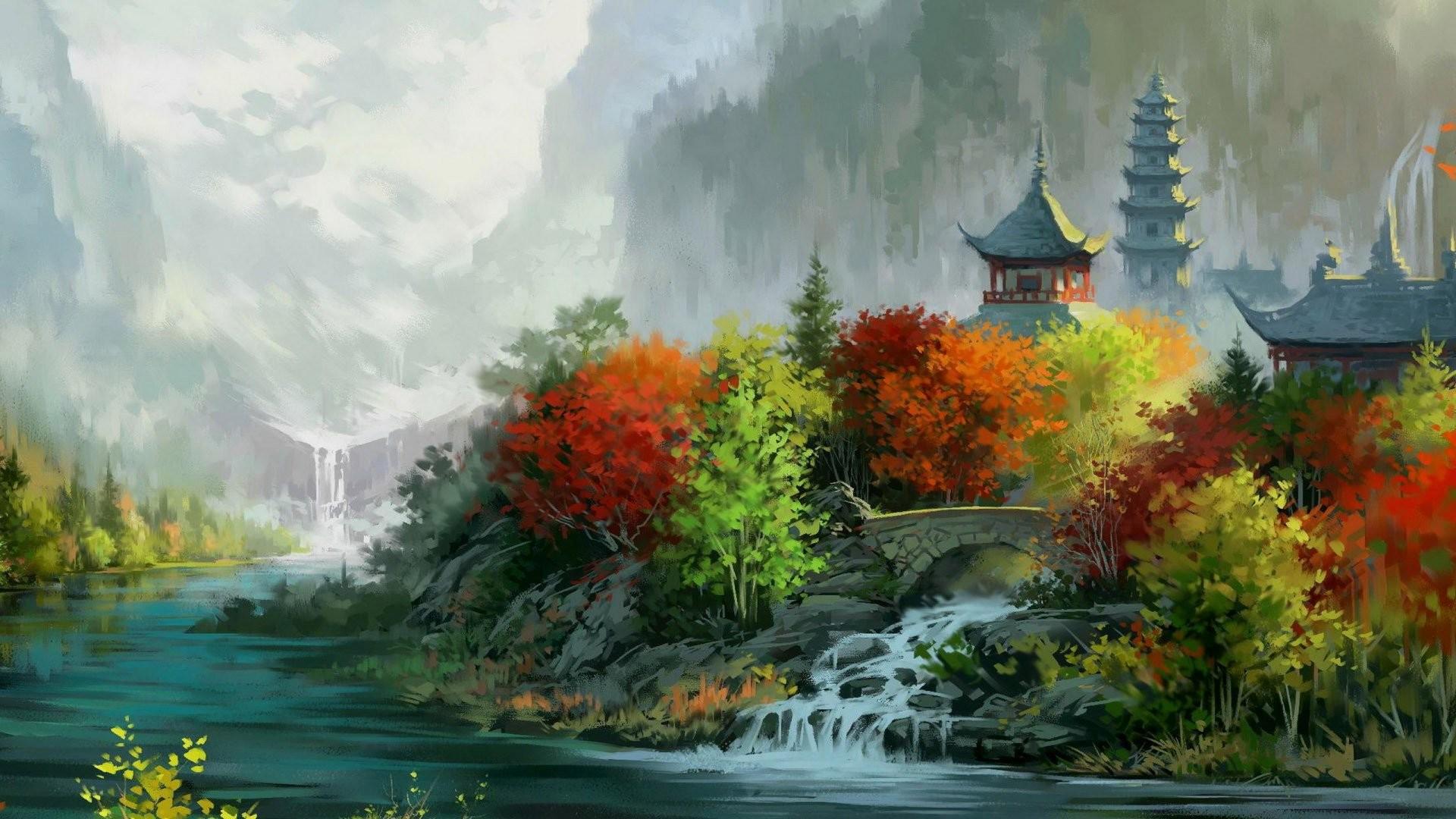 1920x1080 #valley, #forest, #waterfall, #trees, #painting, #fall, #house, #Asian architecture, #artwork, #digital art, #mountains, #landscape, #tower, #river, #nature, #leaves, #bridge, wallpaper. Mocah HD Wallpaper