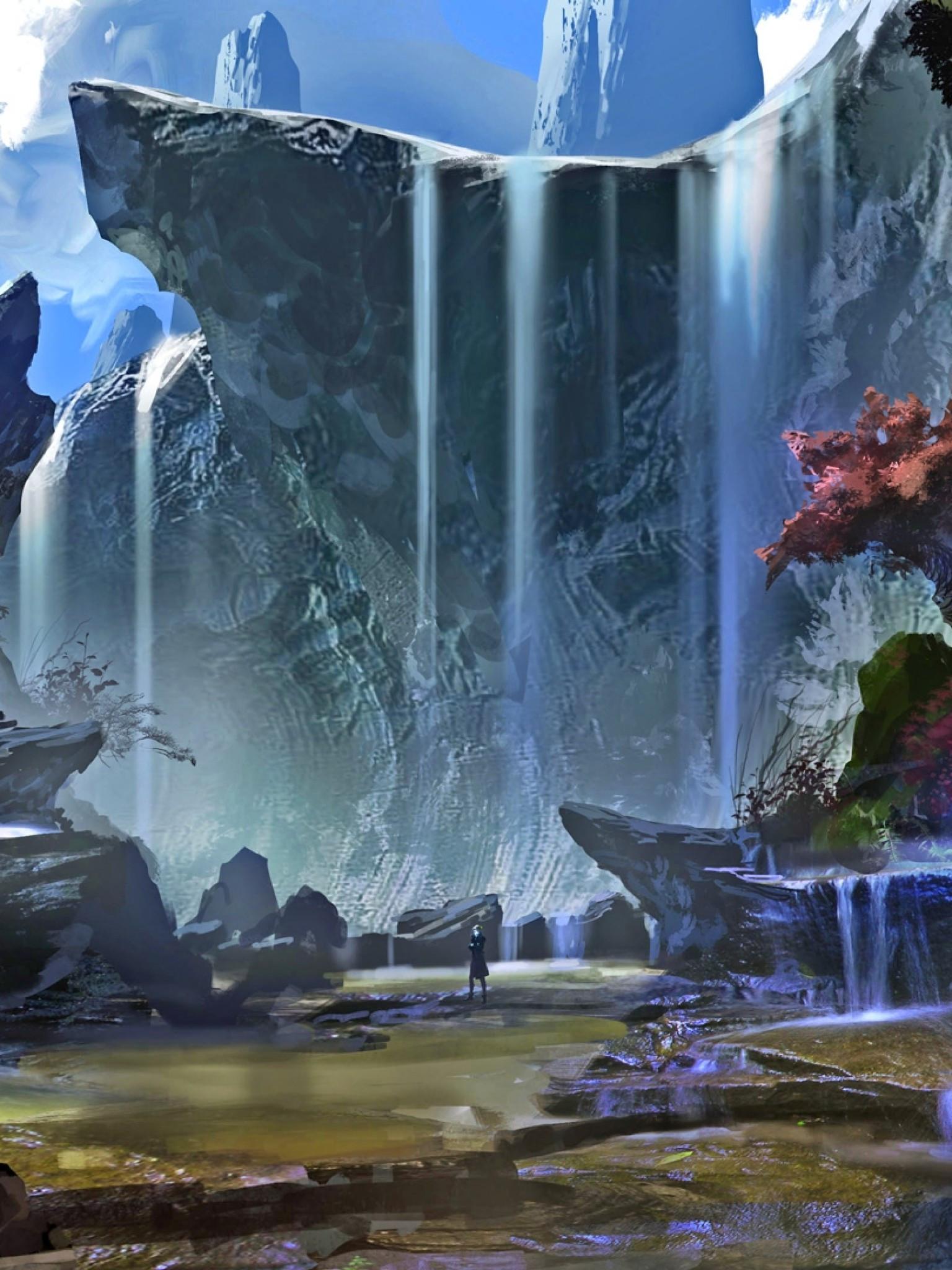 1536x2048 Download 1536x2048 Knight, Fantasy World, Waterfall, Painting, Magic, Duel, Rocks Wallpaper for Apple iPad Mini, Apple IPad 4
