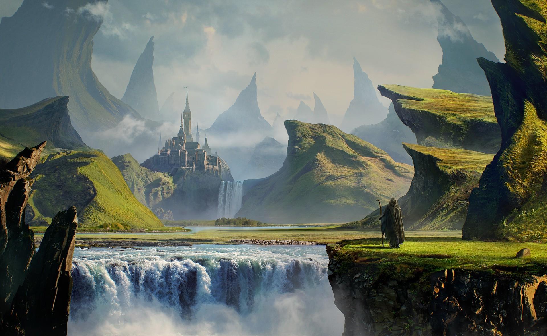 1920x1182 fantasy art digital art mountain waterfall nature castle rock men clouds wallpaper