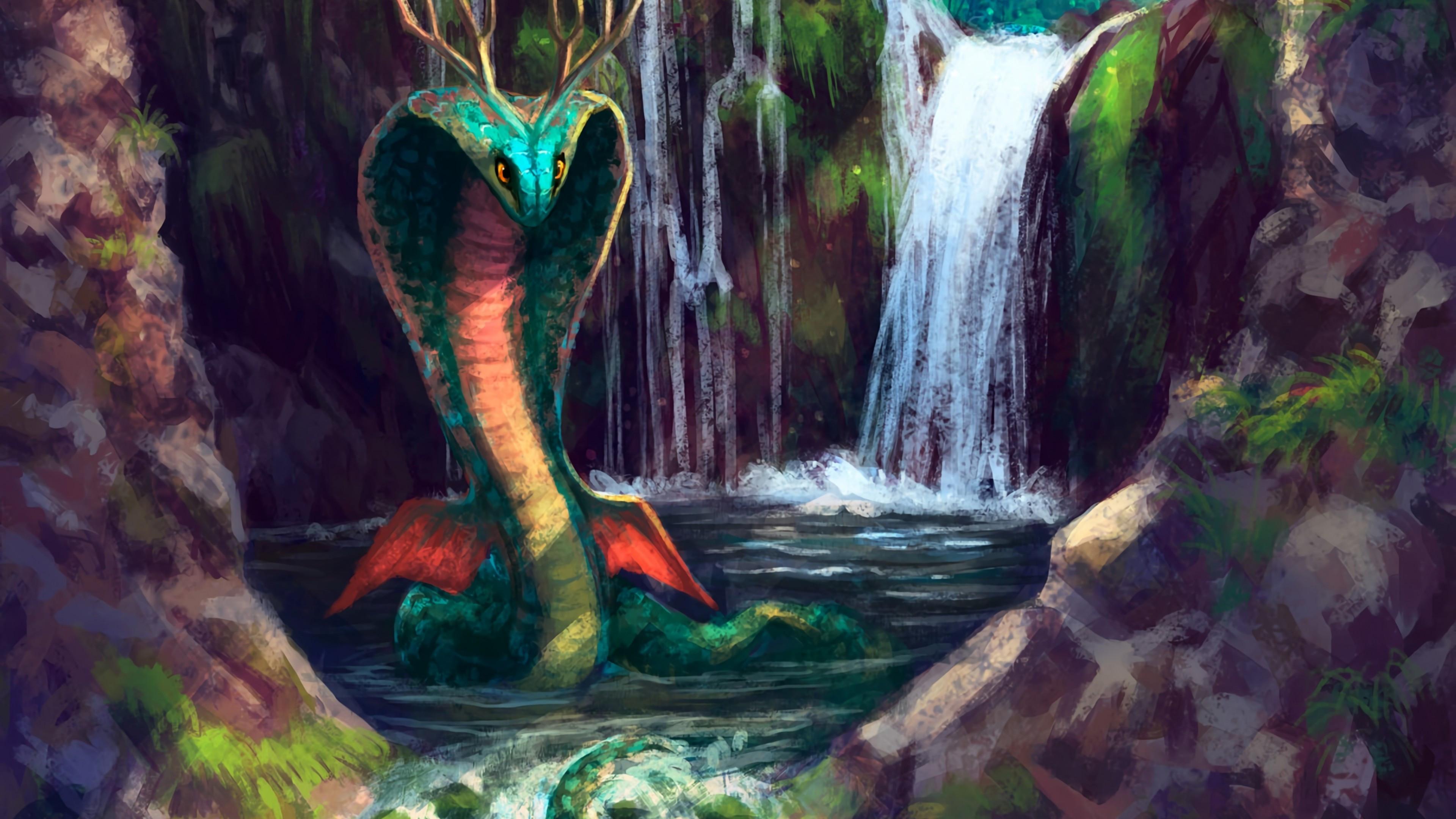 3840x2160 Download 3840x2160 Giant Sneak, Serpent, Waterfall, Forest, Artwork, Painting Wallpaper for UHD TV