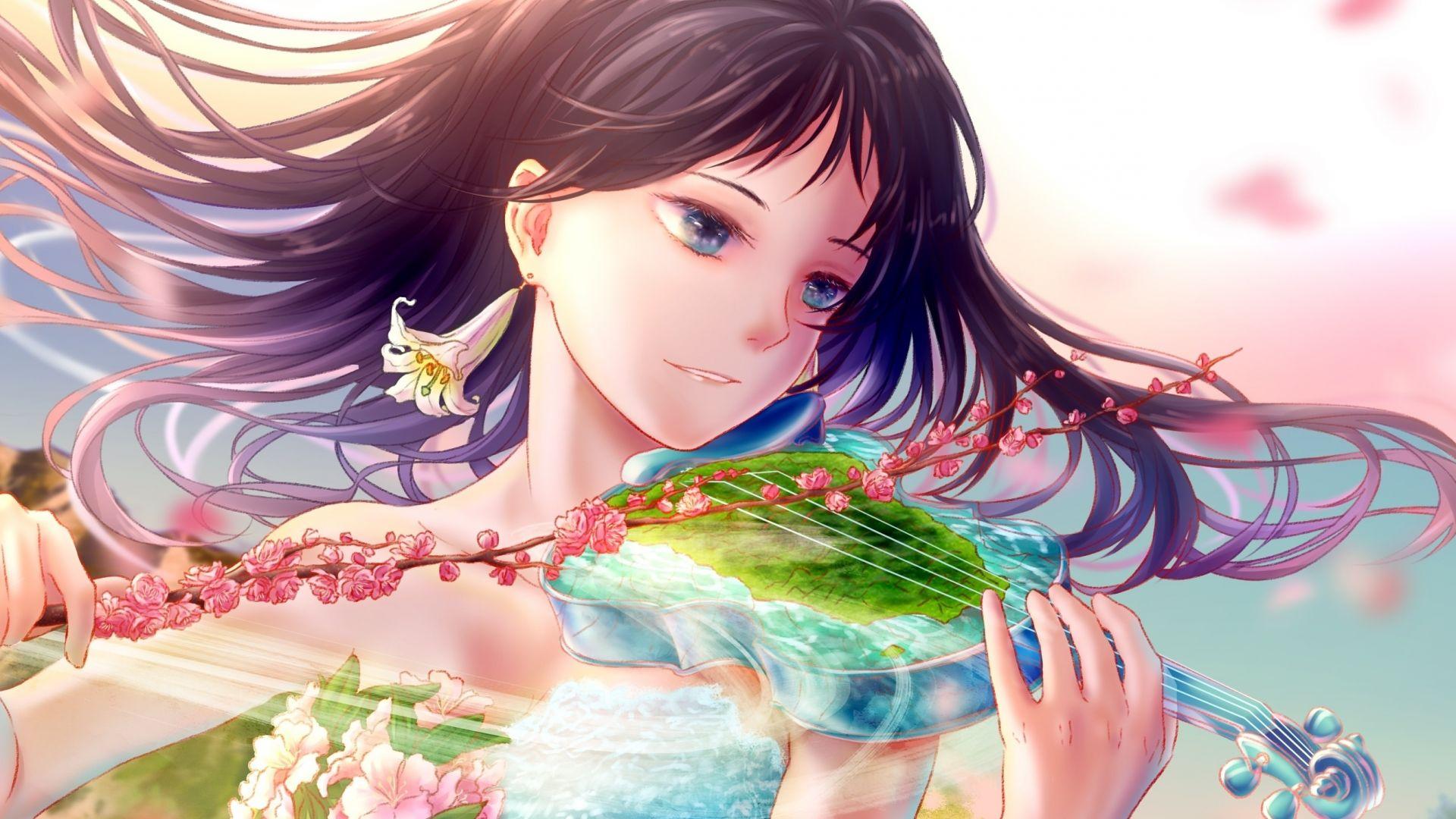 1920x1080 Desktop wallpaper beautiful, violin play, anime girl, original, HD image, picture, background, 049948