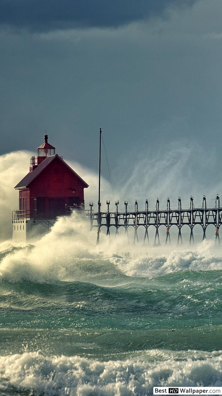 750x1334 Lighthouse in storm HD wallpaper download